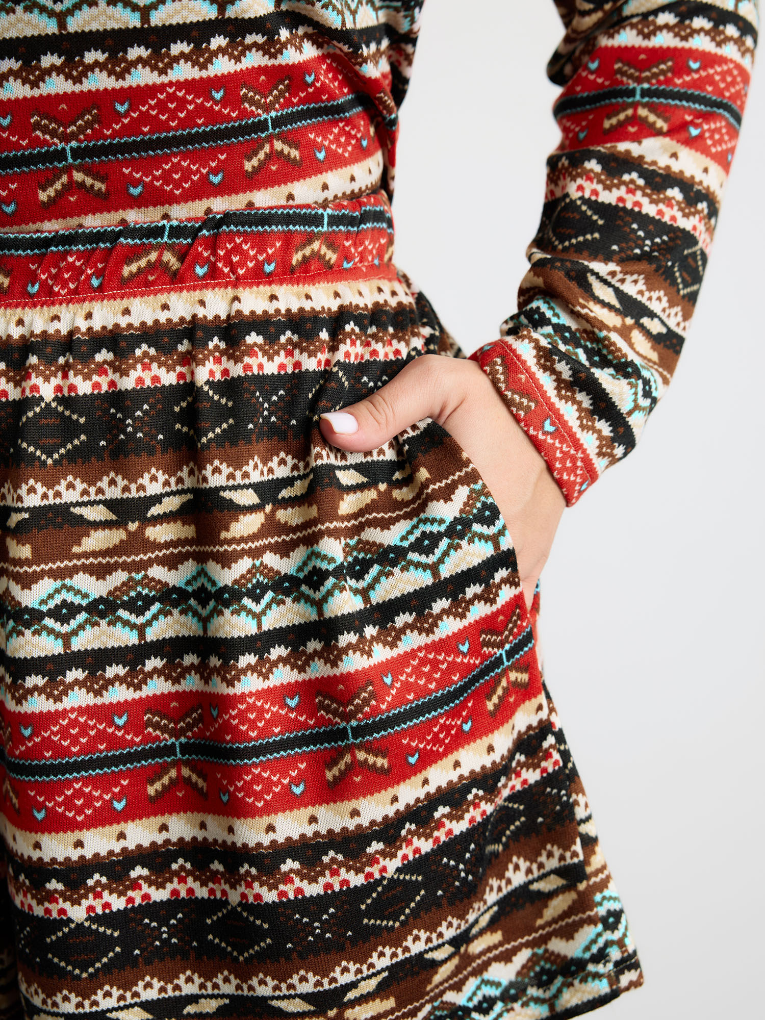 Side view of BloomChic Women's Plus Size Boho Stripes V-Neck Co-Ord Lounge Set Multicolor Ethnic Floral Long Sleeve Smocked 14-16/1X