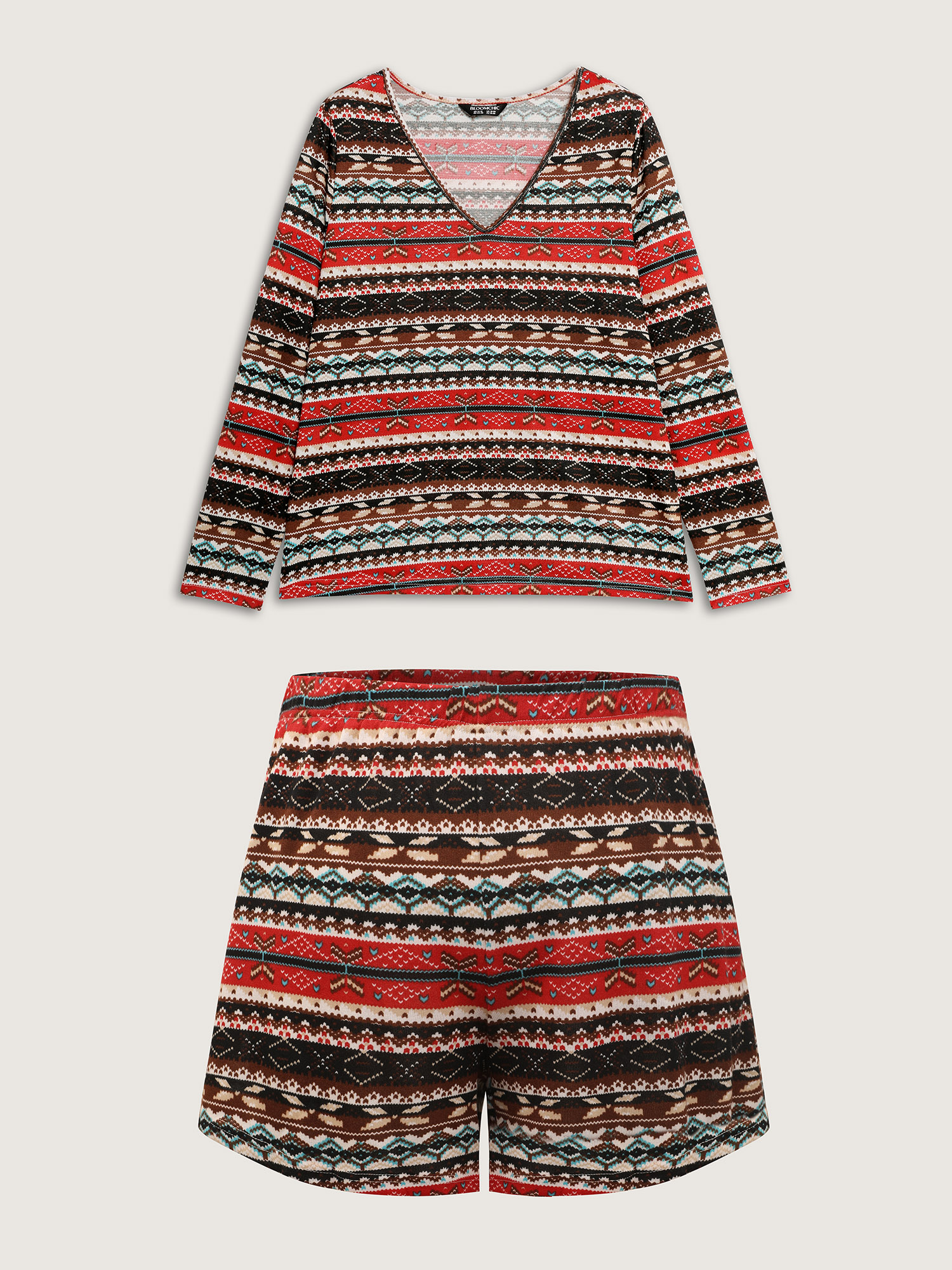 Side view of BloomChic Women's Plus Size Boho Stripes V-Neck Co-Ord Lounge Set Multicolor Ethnic Floral Long Sleeve Smocked 14-16/1X