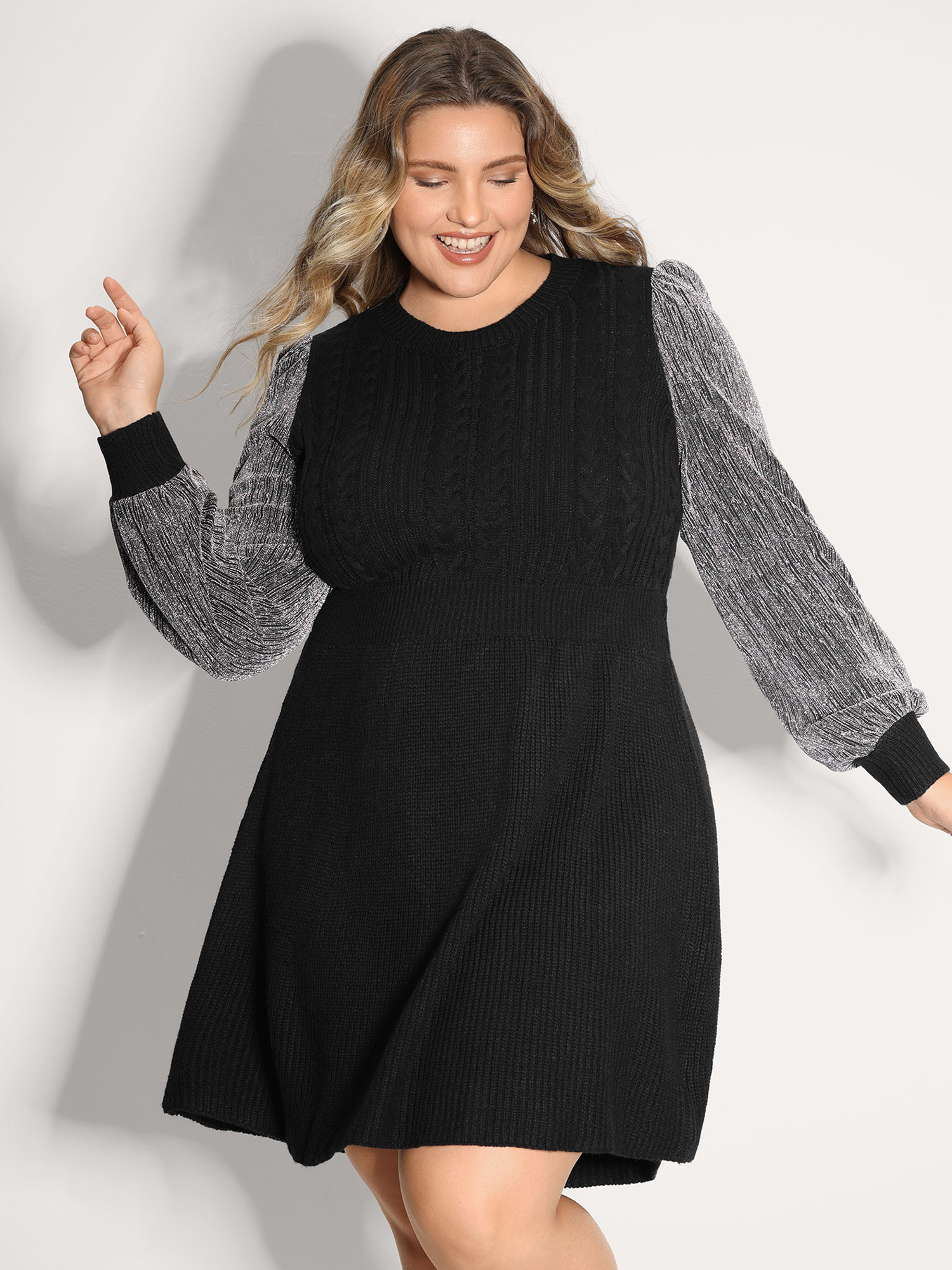 BloomChic Women's Plus Size Glitter Textured Contrast Sleeve Midi Sweater Dress Black Short Cable Knit 22-24/3X