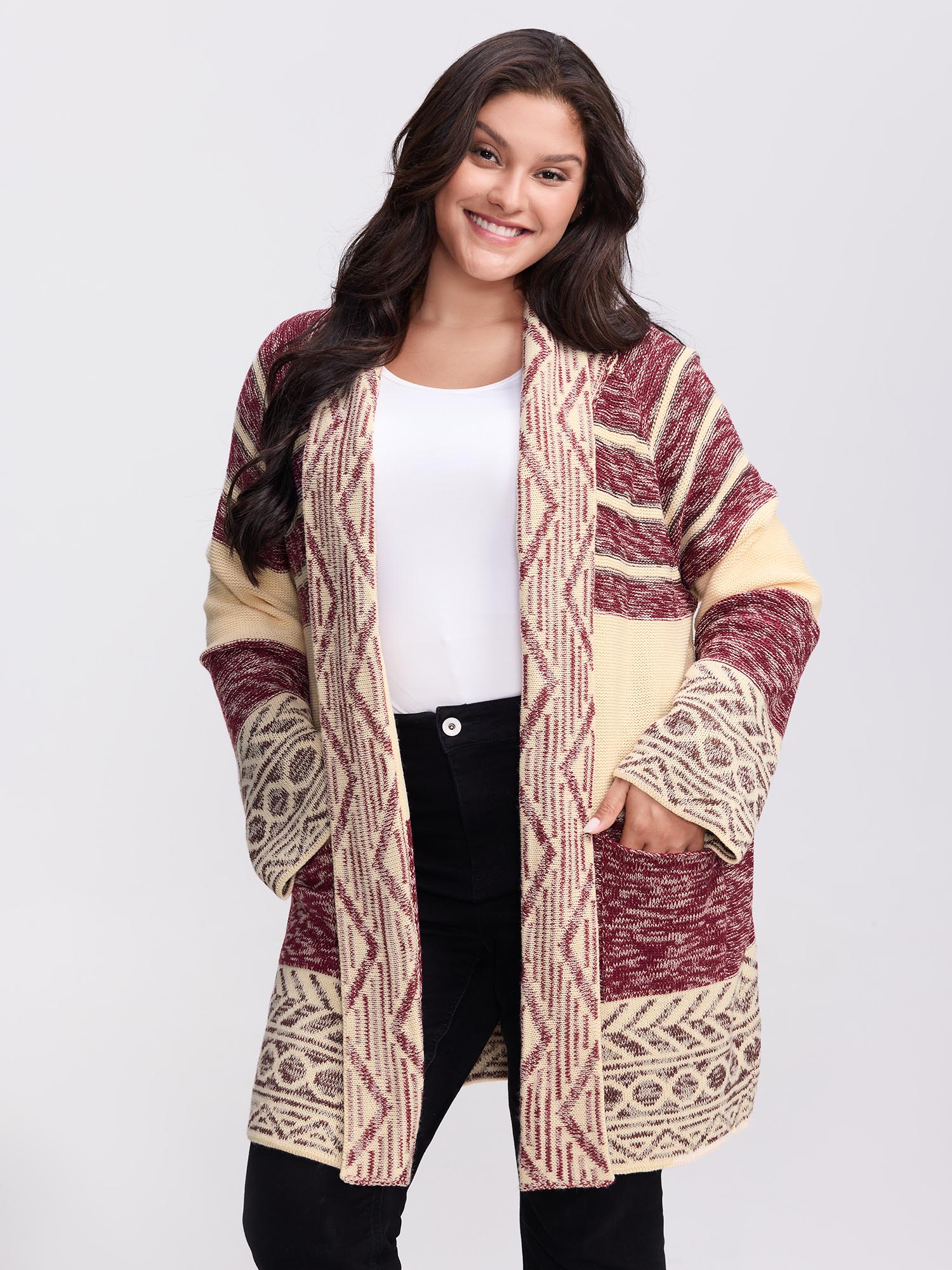 BloomChic Women's Plus Size Boho Striped Jacquard Open-Front Knit Cardigan Plum Long Sleeve 10/M