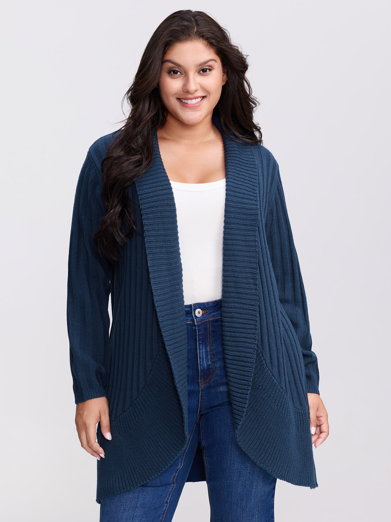 BloomChic Women's Plus Size Folded Collar Ribbed Curvy Knit Cardigan Aegean Long Sleeve 10/M