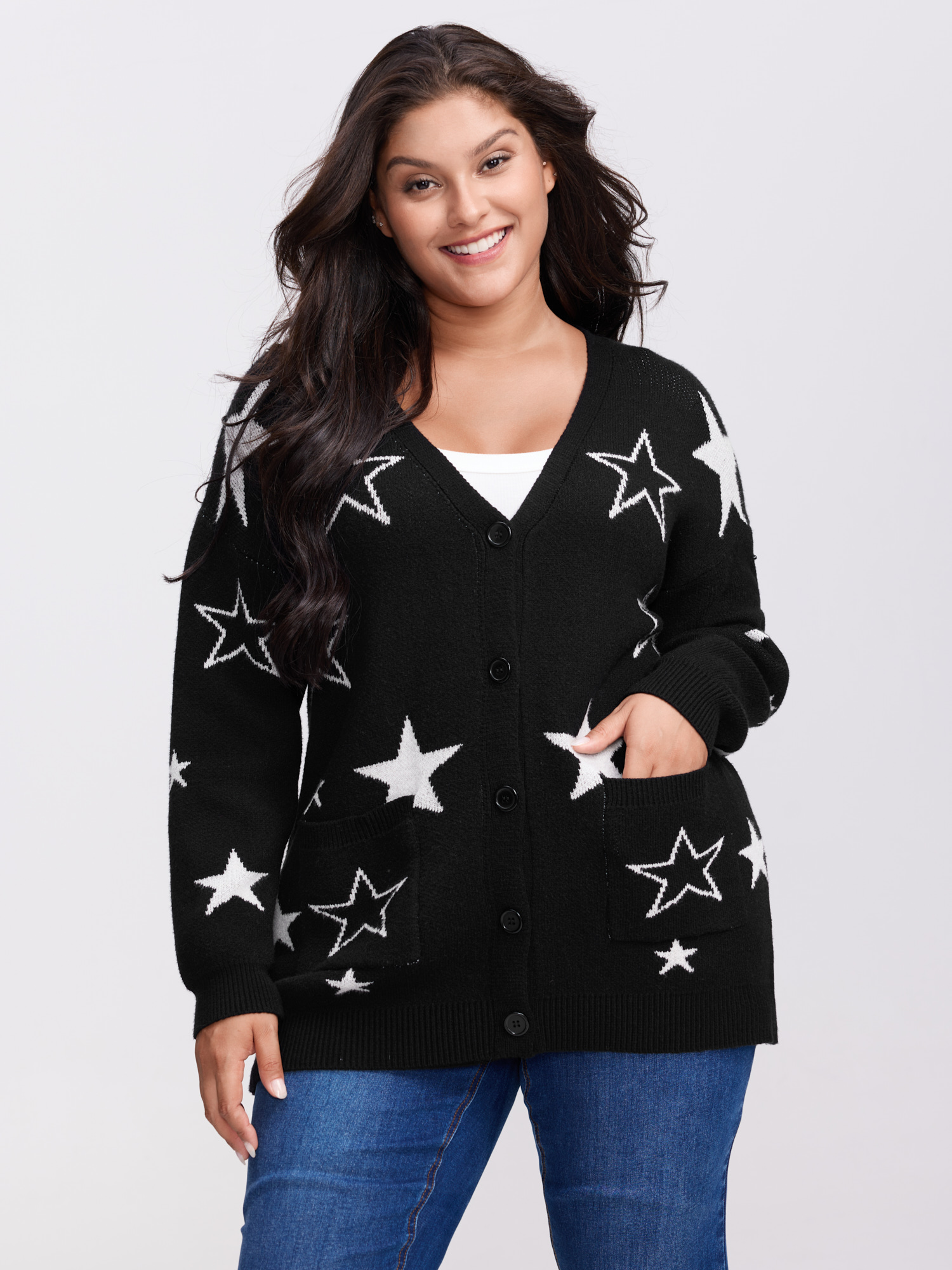 BloomChic Women's Plus Size Supersoft Star Jacquard Pockets Button Knit Cardigan Black Long Sleeve 14-16/1X