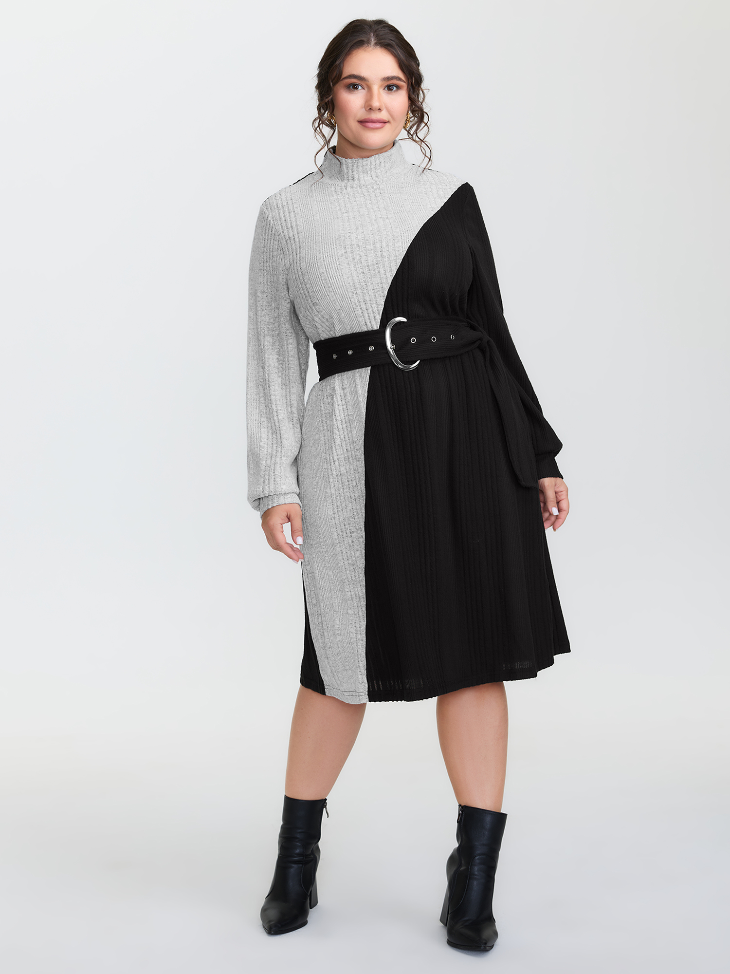 BloomChic Women's Plus Size Colorblock Belted Ribbed Midi Dress Black Geometric Knee Office 30/6X