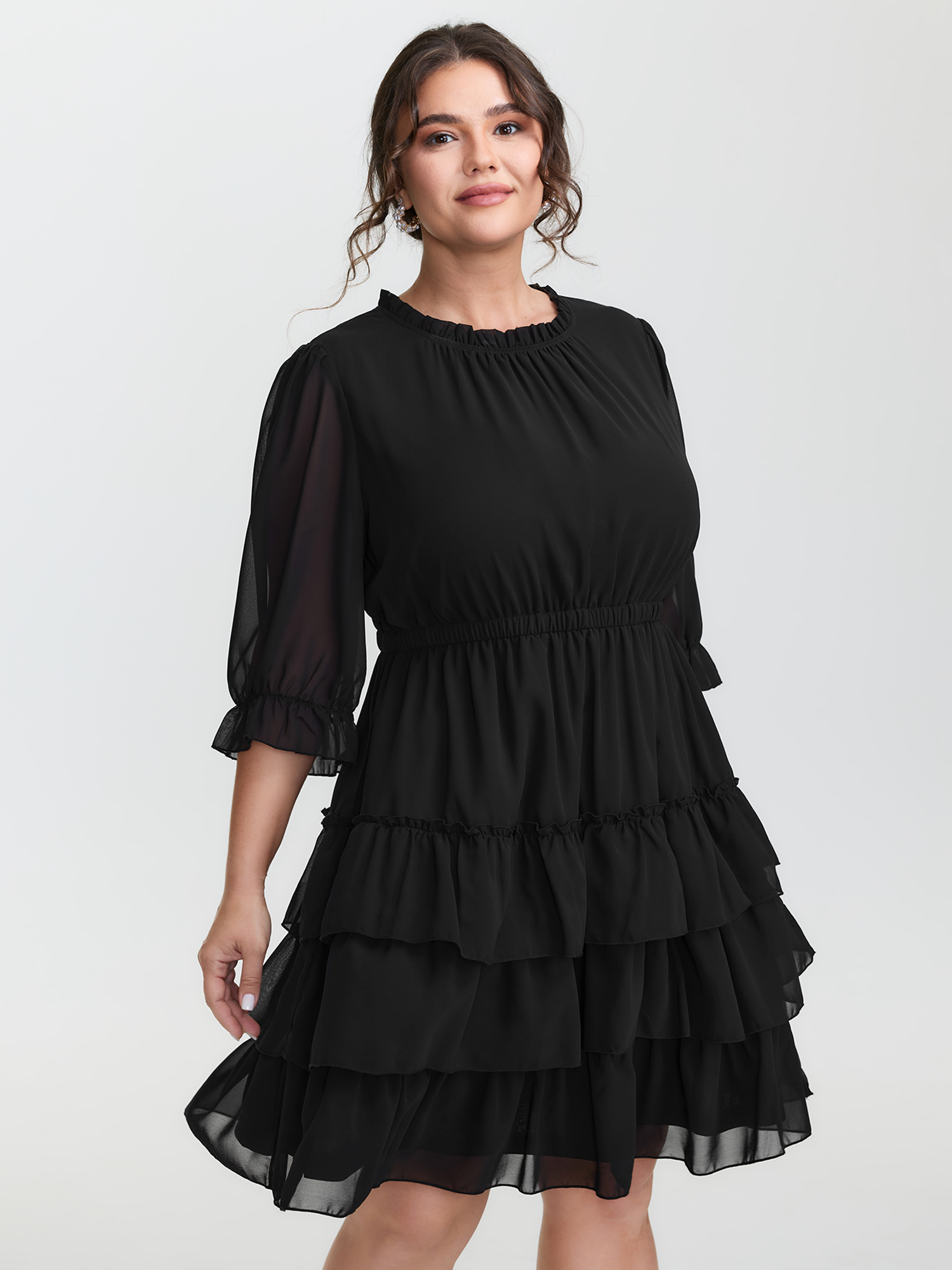 BloomChic Women's Plus Size Three-Quarter Sleeve Tulle Skirt Knee-Length Dress Black Solid Mini Everyday-Elegant Ruched 12/L