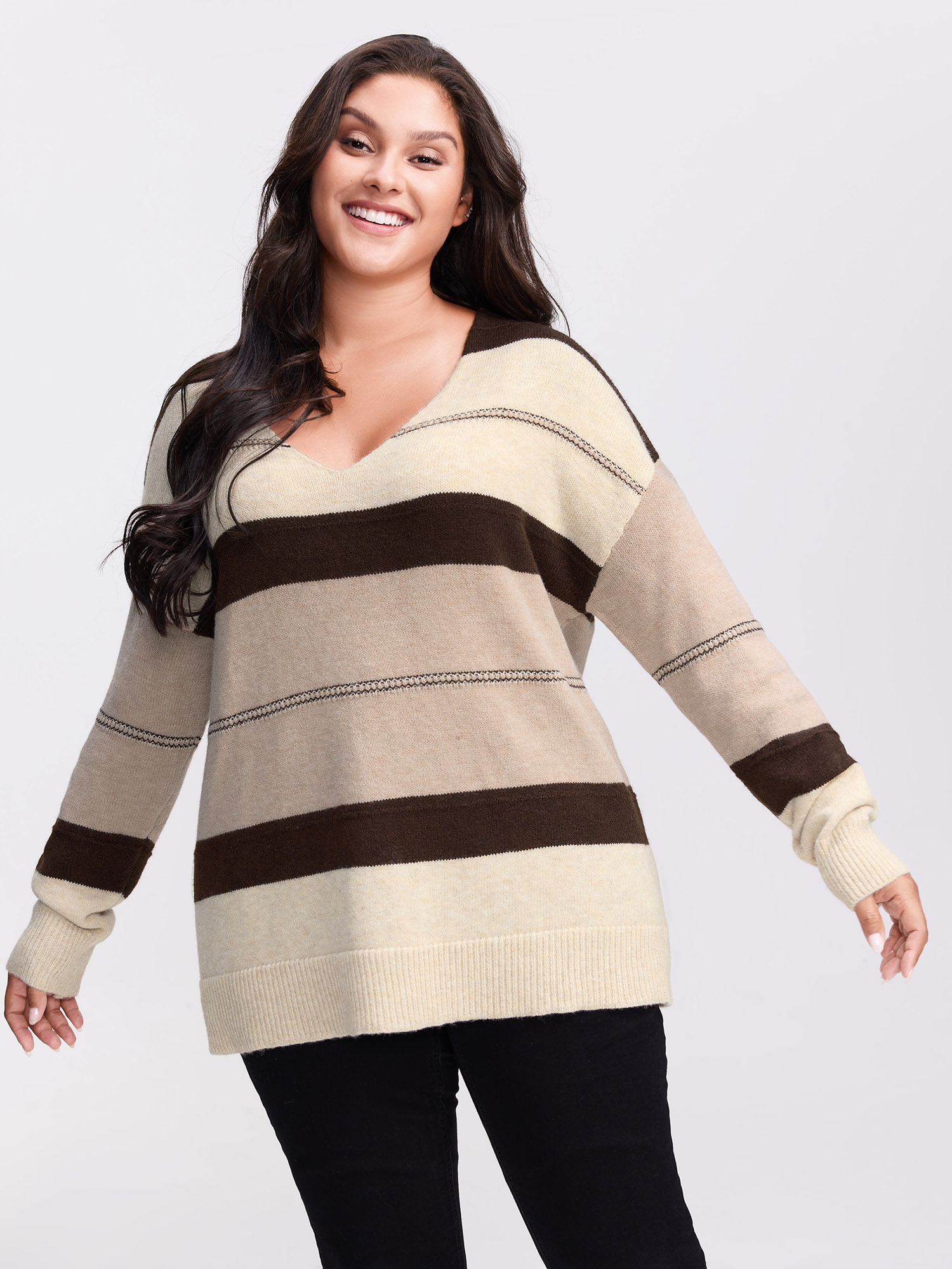 BloomChic Women's Plus Size Striped Print Color Contrast Pullover LightBrown not graphics Long Sleeve V-Neck 22-24/3X