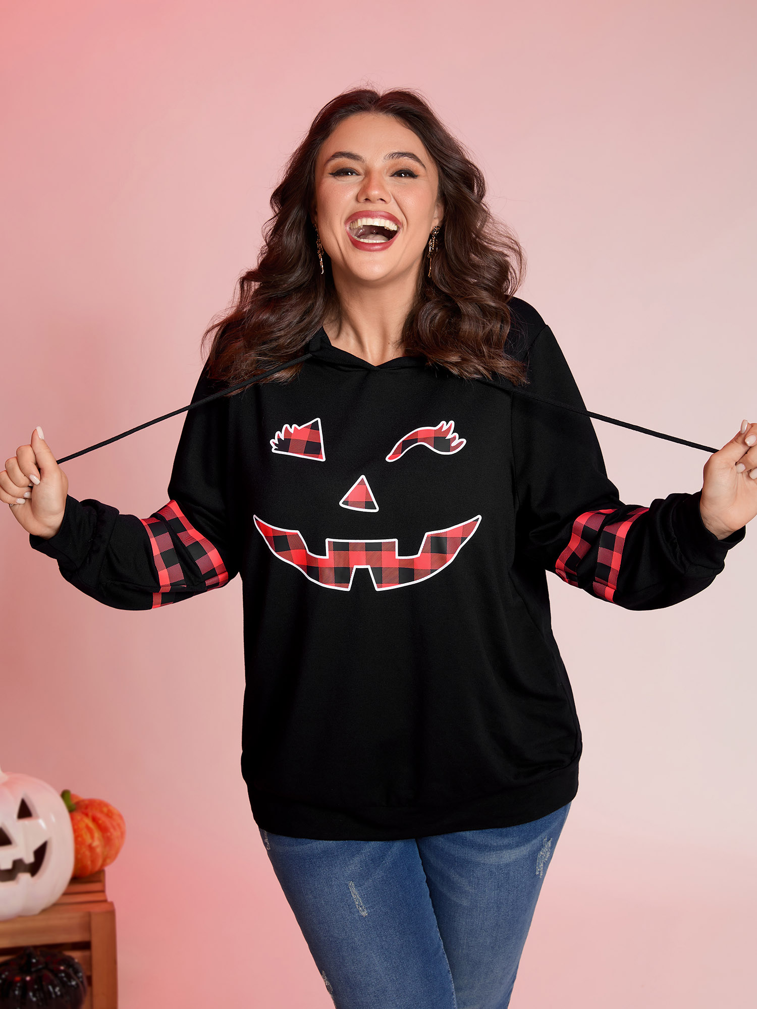 BloomChic Women's Plus Size Pumpkin Plaid Print Solid Hoodie BlackFlower Graphic-Halloween Everyday-Casual 10/M