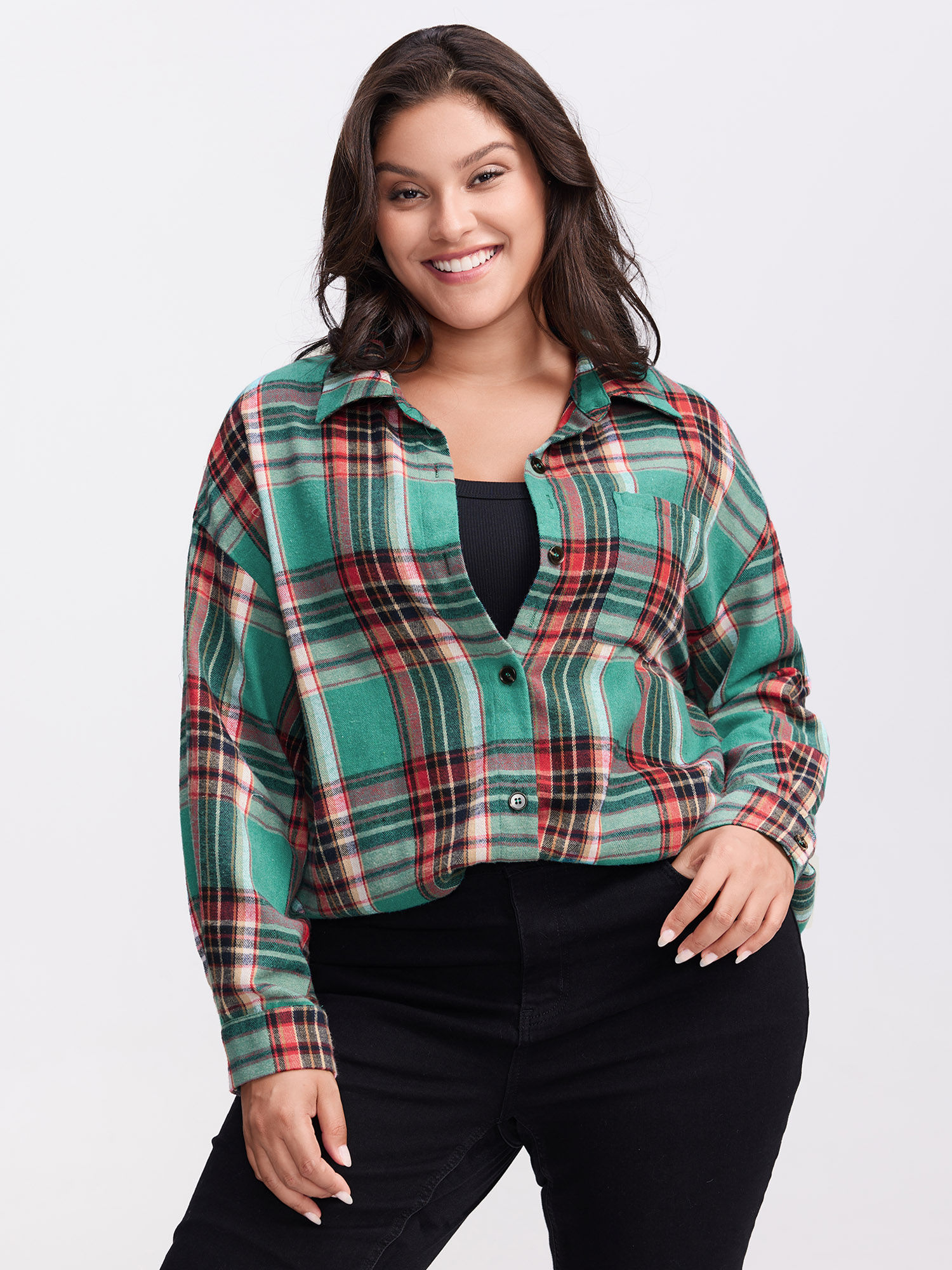 BloomChic Women's Plus Size Plaid Pockets Button-Down Shirt DarkGreen Everyday-Casual Sleeveless 10/M