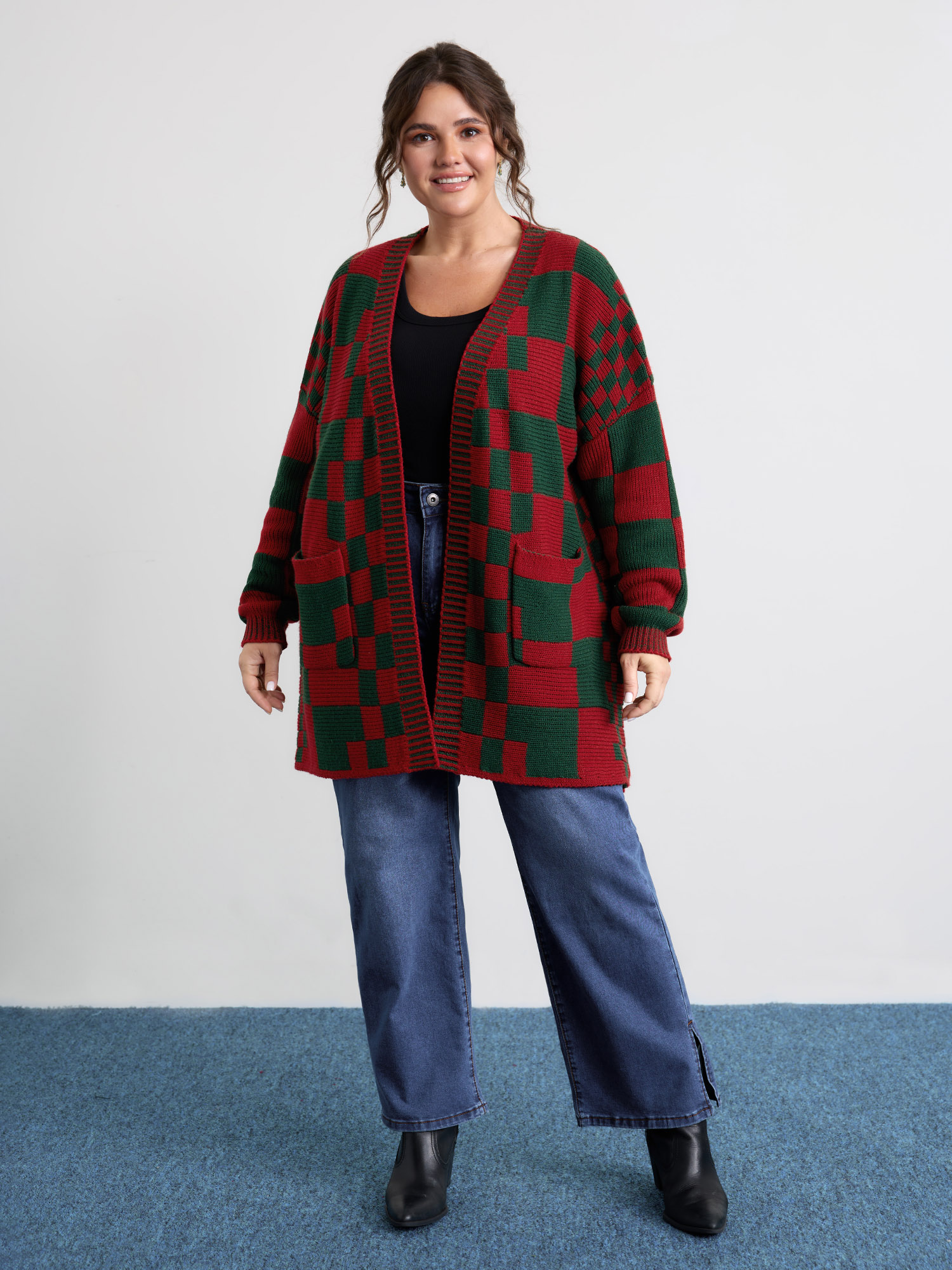 BloomChic Women's Plus Size Holiday Checkered Open-Front Knit Cardigan Brightred Long Sleeve 10/M
