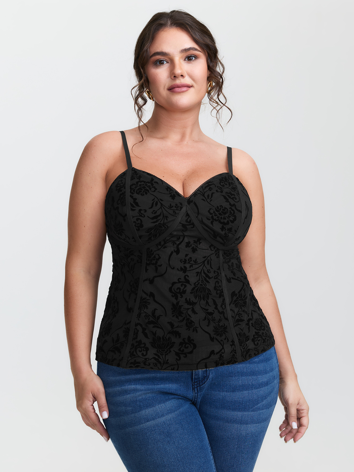 Bloomchic Flocked Floral Stretchy Mesh Lace Tank Top In Blackflower