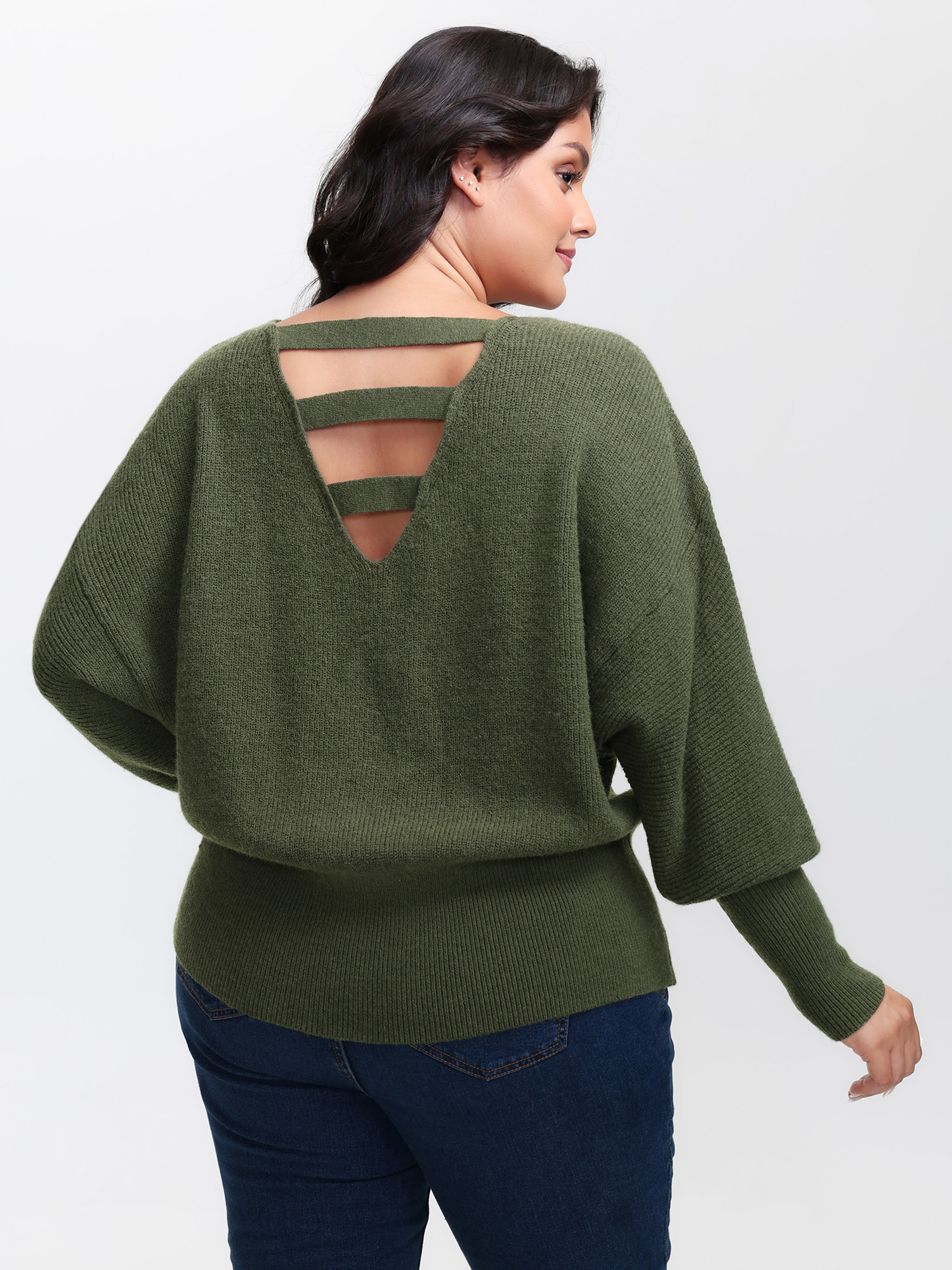 BloomChic Women's Plus Size Backless Cut-Out Cropped Pullover Rifle Green not graphics Long Sleeve V-Neck 10/M