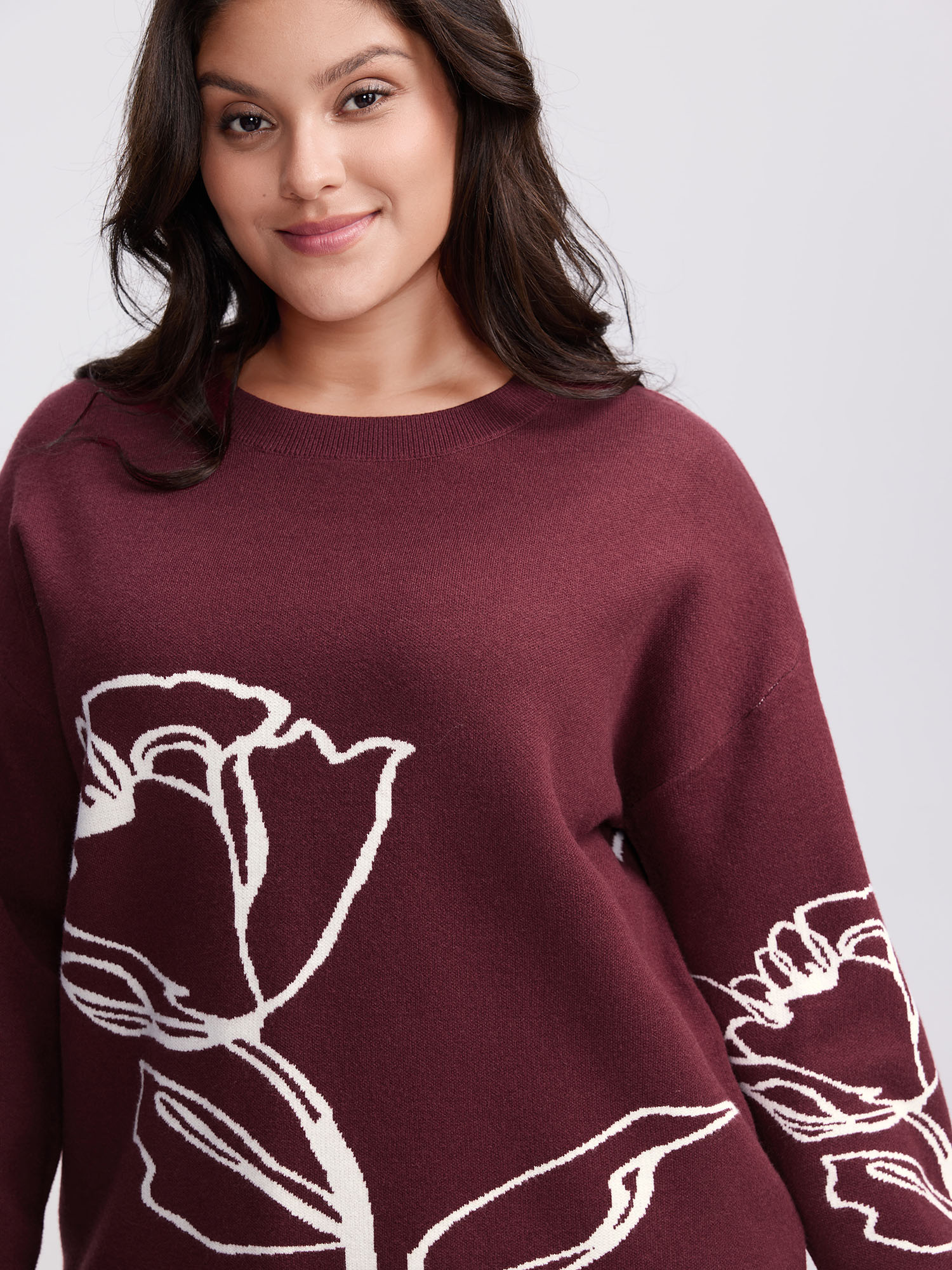 BloomChic Women's Plus Size Rose Pattern Jacquard Round Neck Pullover Burgundy Natural Flowers Long Sleeve 10/M