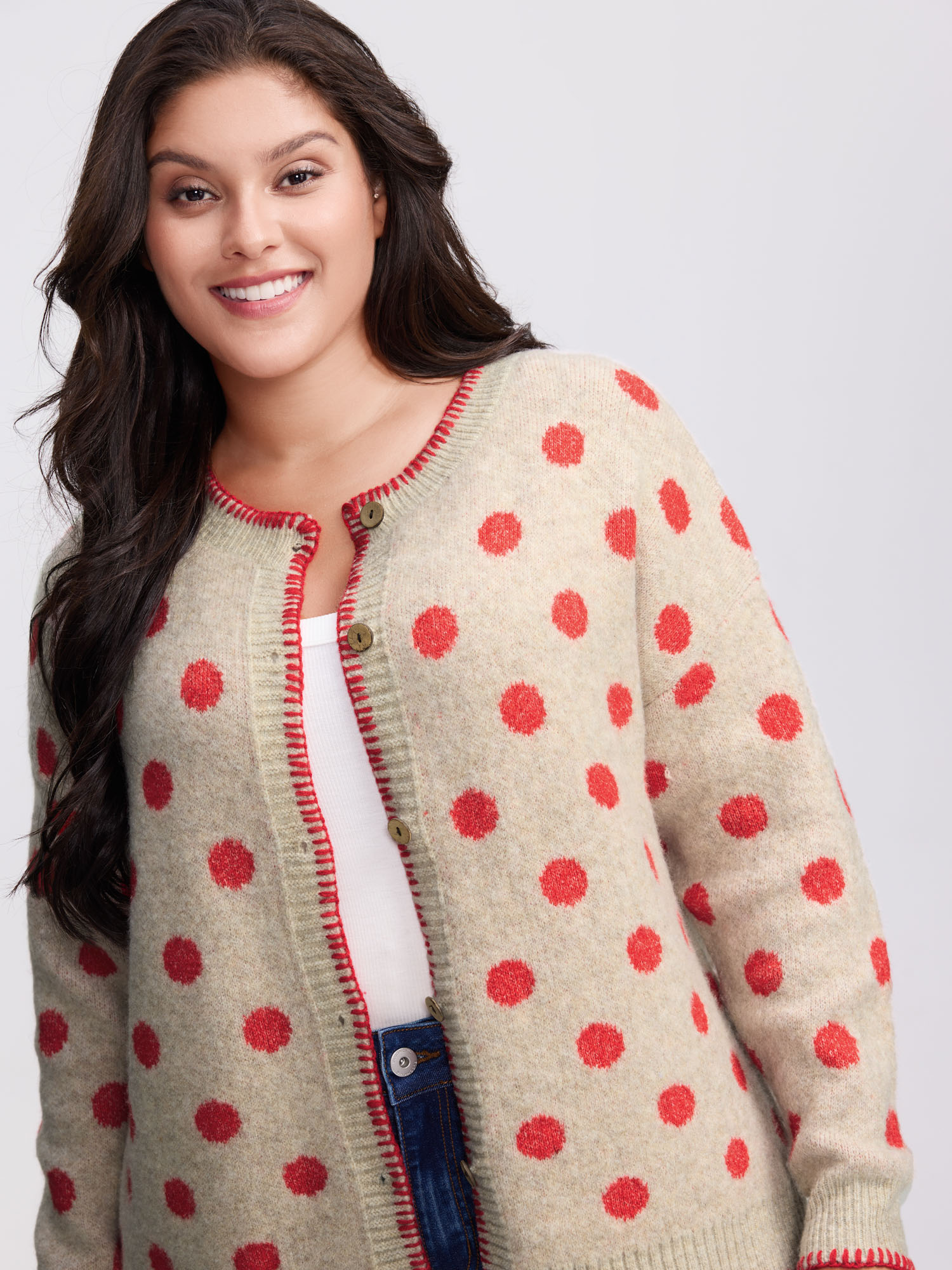 BloomChic Women's Plus Size Polka Dots Jacquard Buttons Knit Cardigan LightBrown Long Sleeve Round Neck 10/M