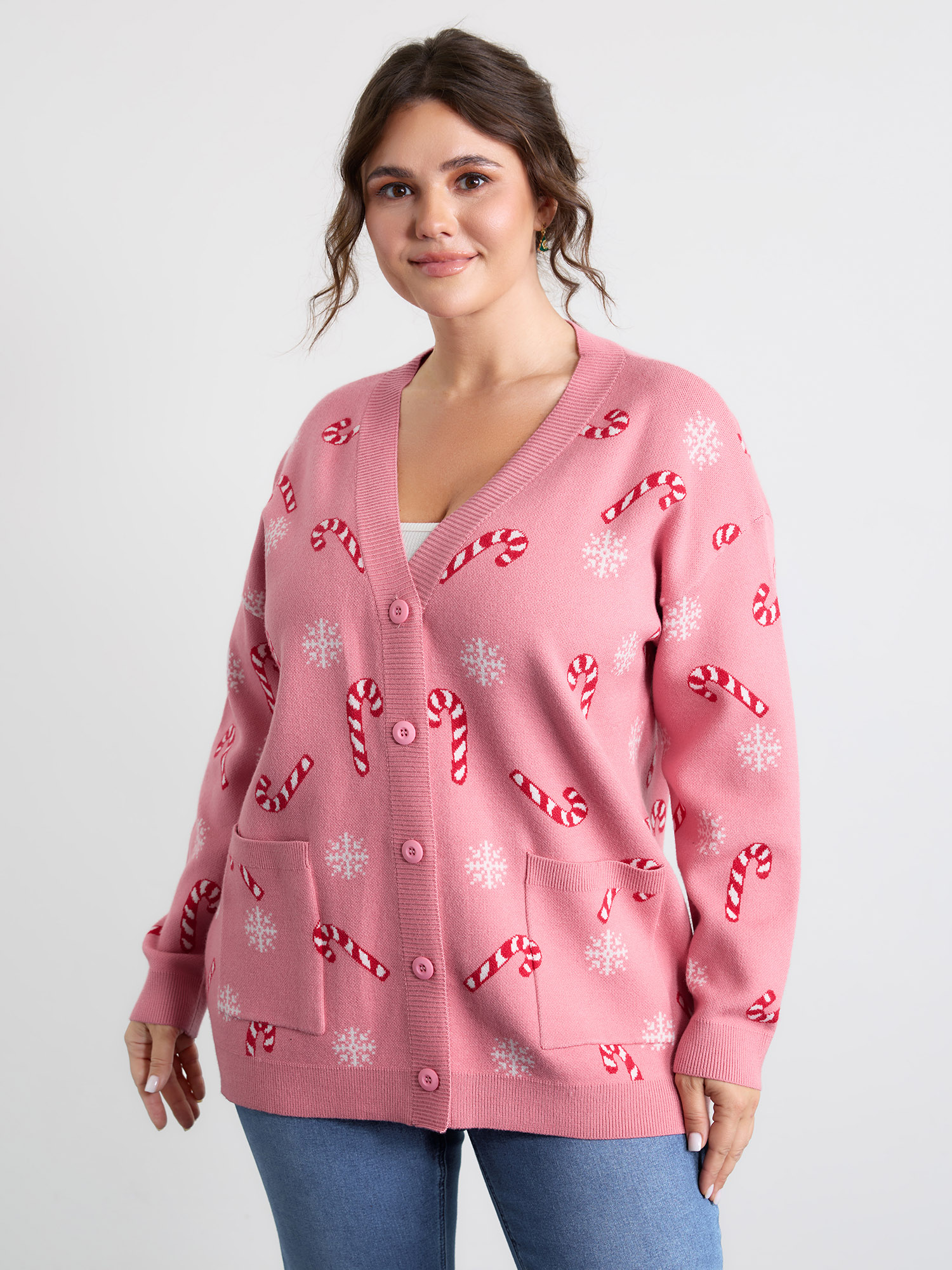 BloomChic Women's Plus Size Holiday Candy Patch Pockets Knit Cardigan Watermelon Long Sleeve V-Neck 10/M