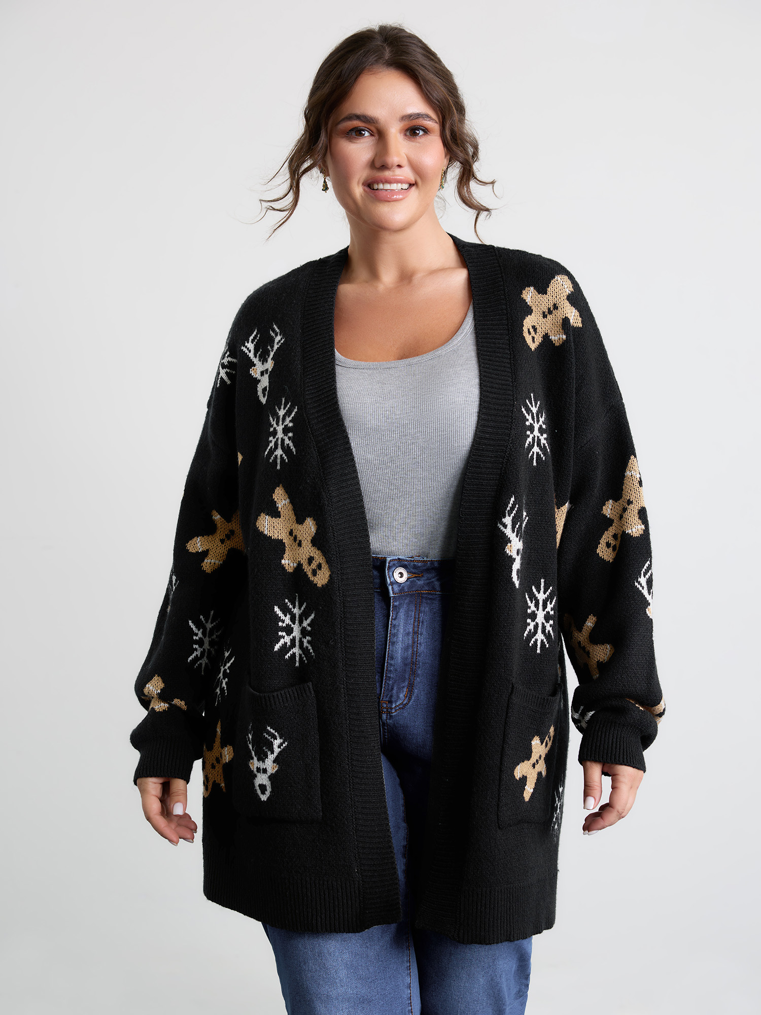 BloomChic Women's Plus Size Supersoft Gingerbread Holiday Jacquard Pockets Cardigan Black Long Sleeve Deep V-Neck 10/M
