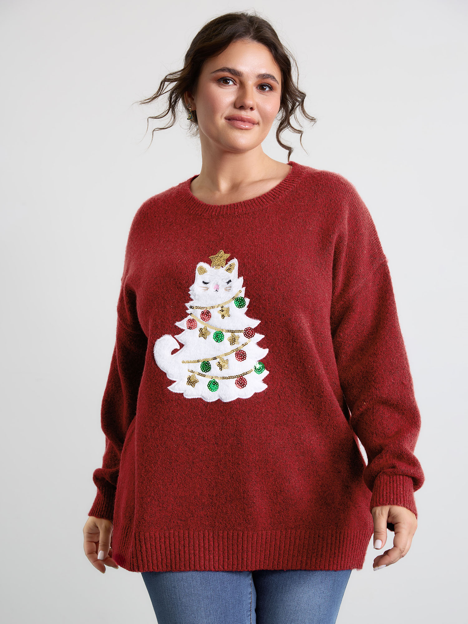 BloomChic Women's Plus Size Festive Cat Tree Colorful Pullover Russet Graphic-Christmas Long Sleeve Round Neck 10/M