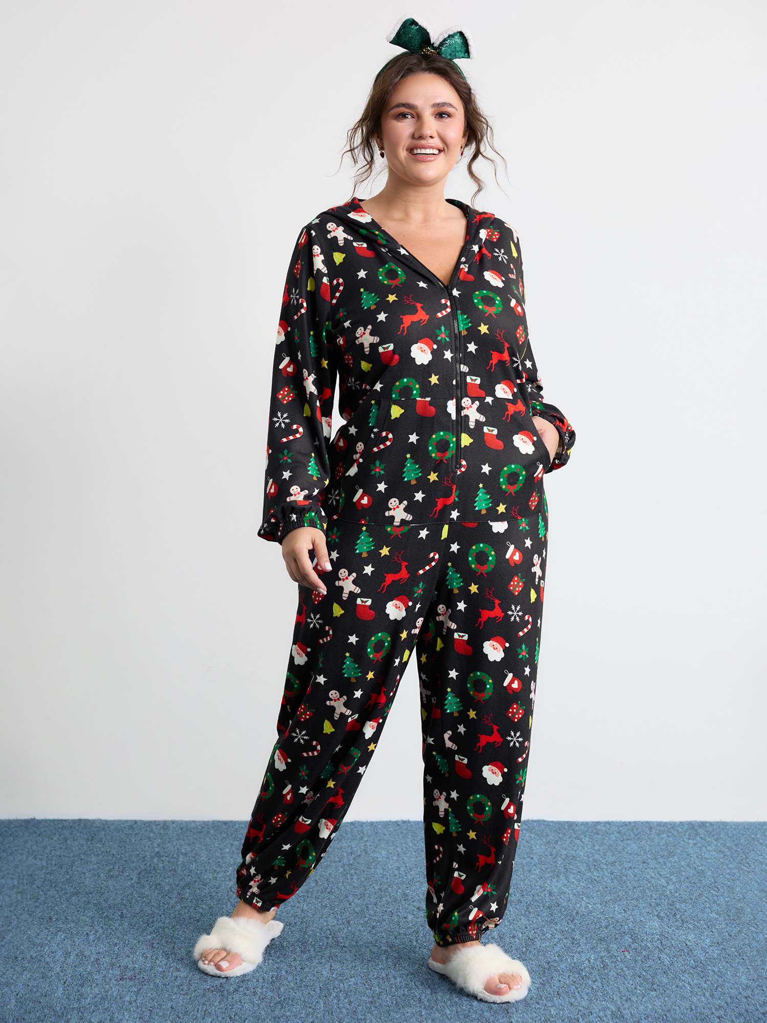 BloomChic Women's Plus Size Holiday Spirit Pockets Hooded Lounge Jumpsuit Multicolor not graphics 10/M