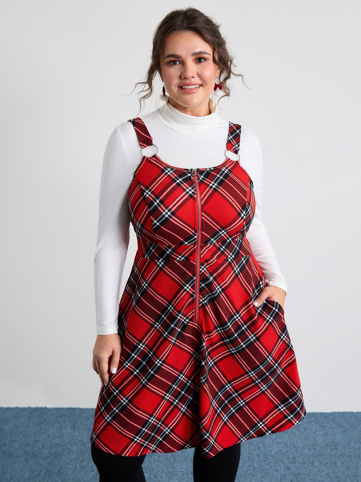BloomChic Plus Size Plaid Print Zipper Overall Straps Mini Dress - Curve Ladies Brightred Americana Daily Sleeveless Plaid Side Pocket Daily Dresses 22-24/2X
