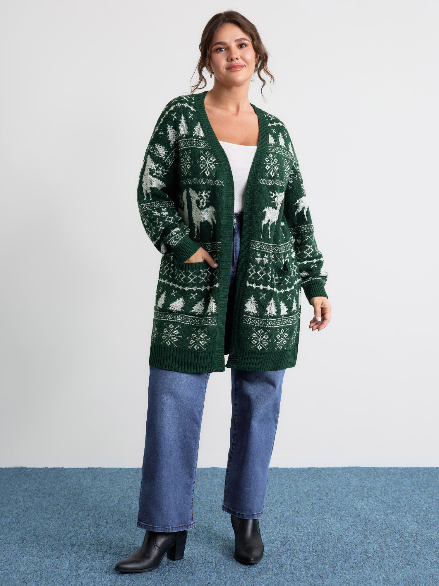 BloomChic Women's Plus Size Elk Christmas Print Jacquard Open-Front Knit Cardigan DarkSlateGray Long Sleeve 10/M