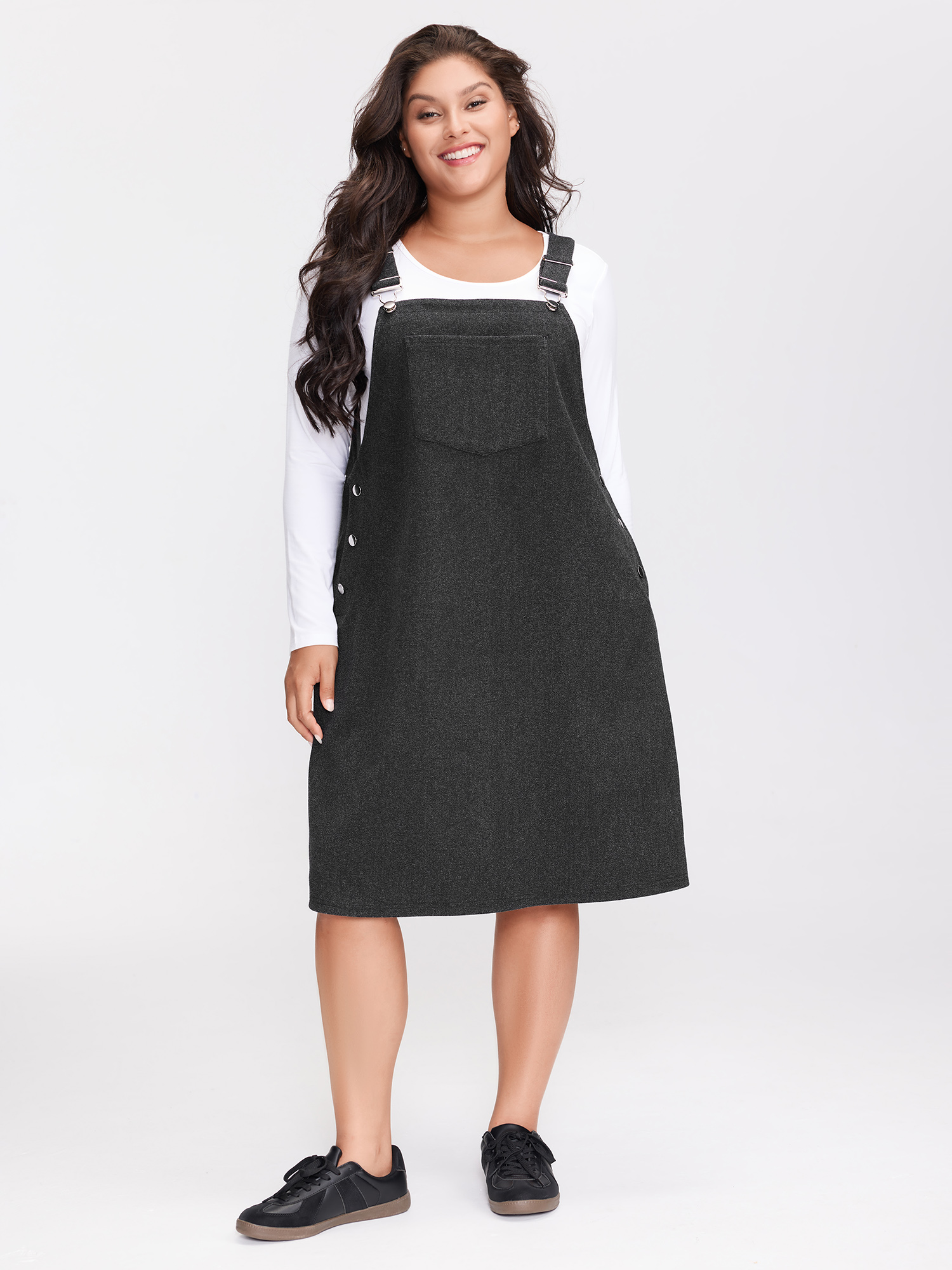 BloomChic Women's Plus Size Woolen Pockets Adjustable Buttons Midi Dress DimGray Solid Tunic Everyday-Casual 10/M