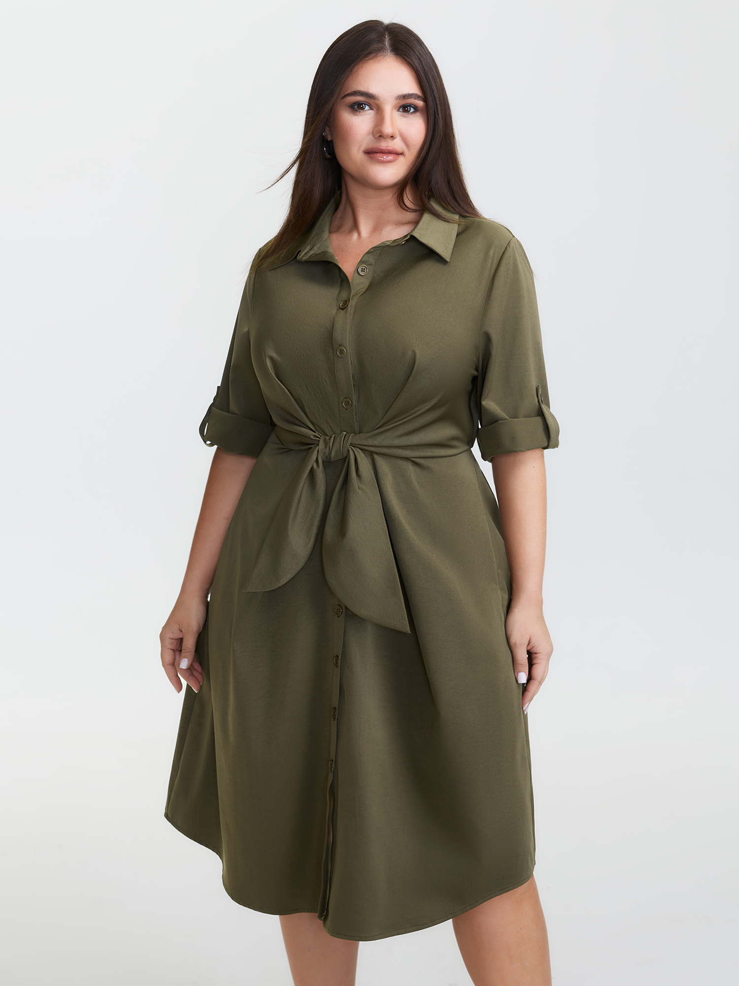 BloomChic Plus Size Twist Knot Waist Button Midi Dress - Curve Ladies ArmyGreen Short sleeve Solid Hidden Pocket Daily Dresses 26-28/3X