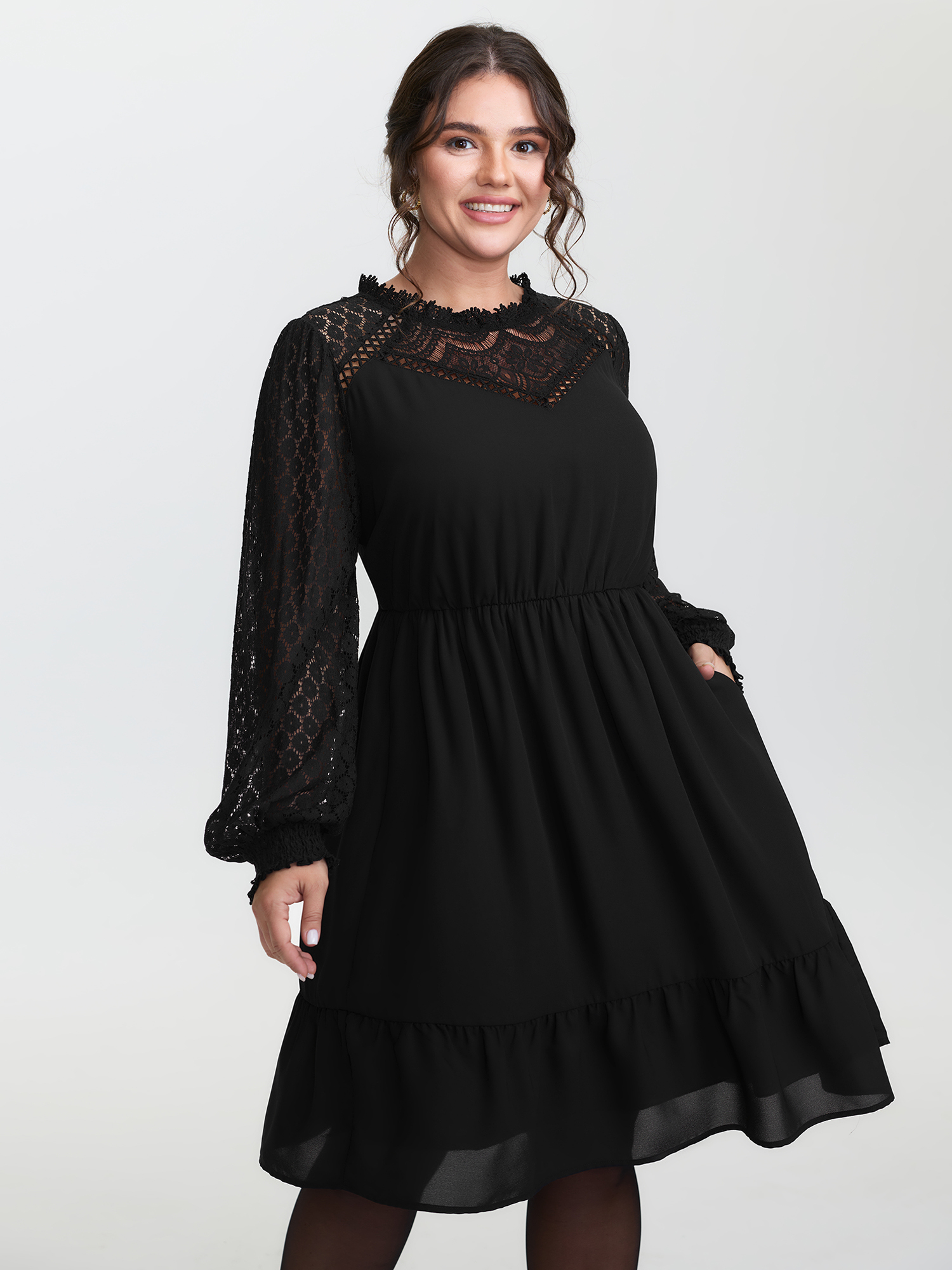 BloomChic Women's Plus Size Sheer Lace Cut-Out Detail Midi Dress Black Short Everyday-Elegant 22-24/3X