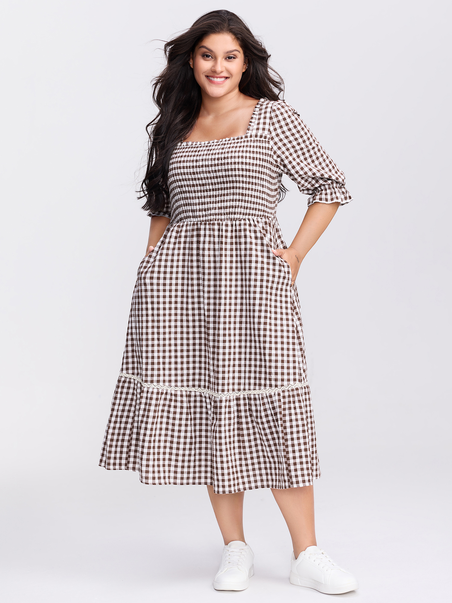 Bloomchic Gingham Lace Shirred Tiered Midi Dress In White