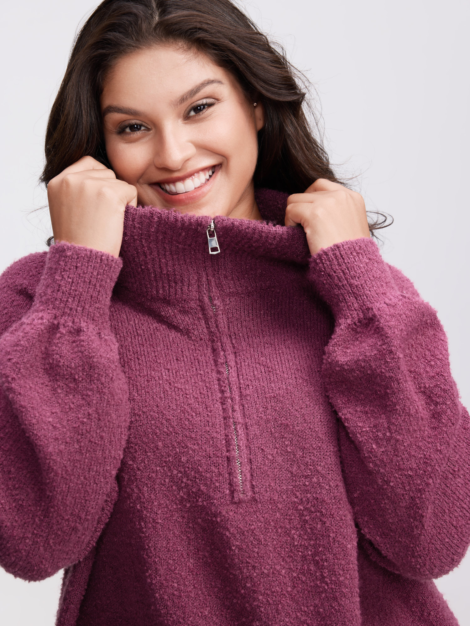 BloomChic Women's Plus Size Textured Raglan Sleeve Zipper Pullover RedViolet Long Sleeve 10/M