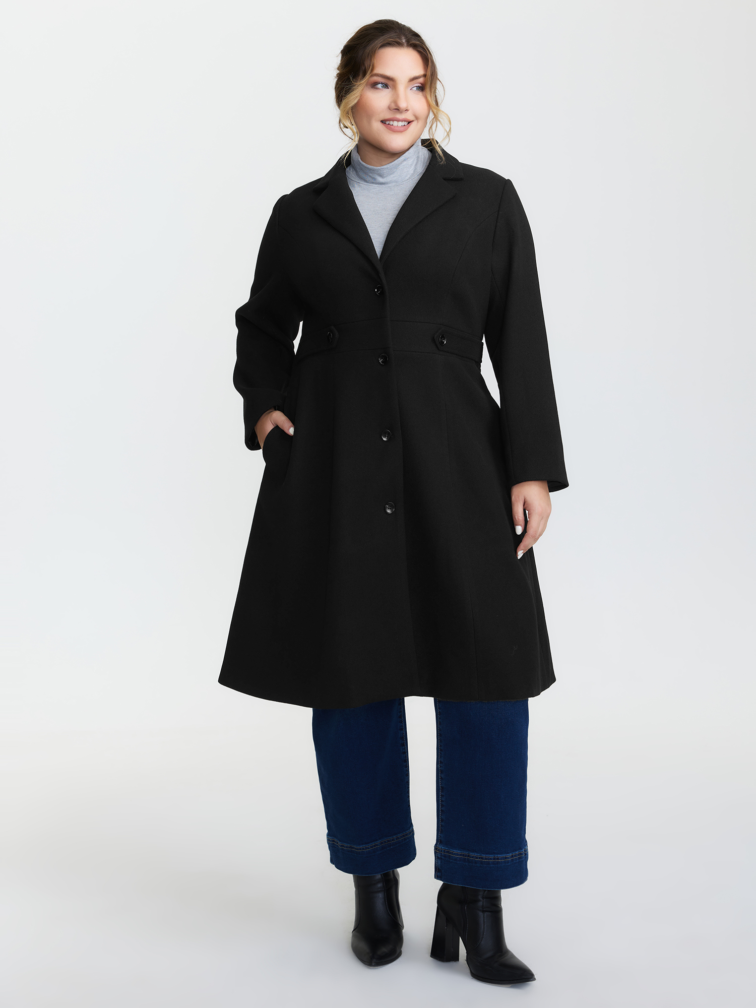 BloomChic Women's Plus Size Notched Collar Cinched Waist Coat Black Non A-line 10/M