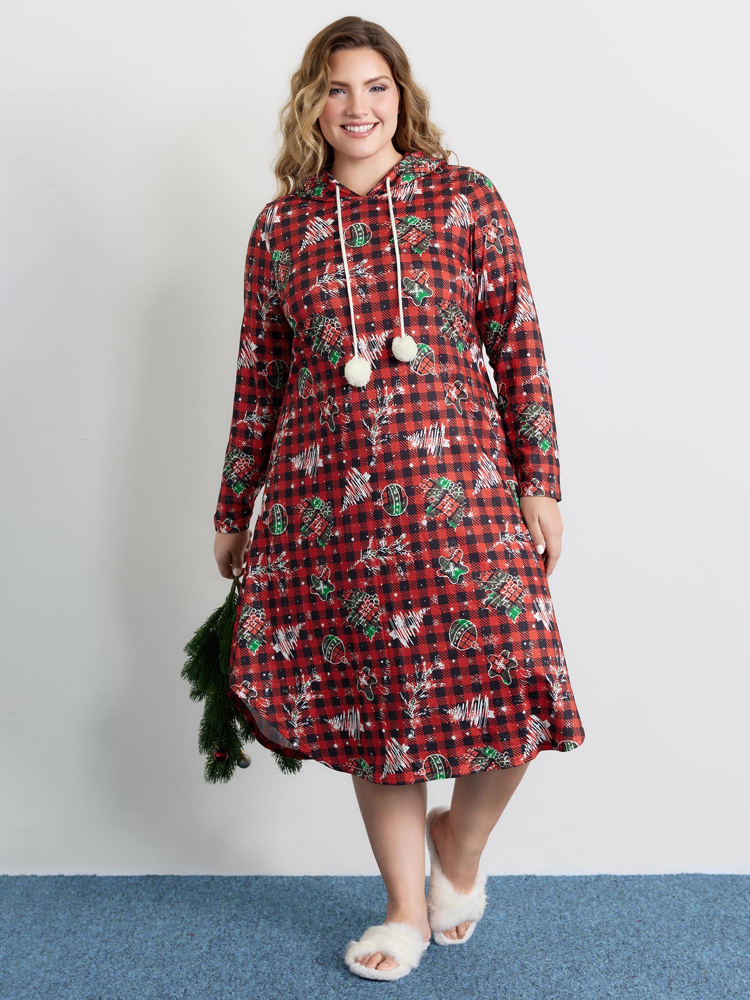 BloomChic Women's Plus Size Holiday Check Print Stretchy Sleep Dress Crimson Christmas Midi 10/M