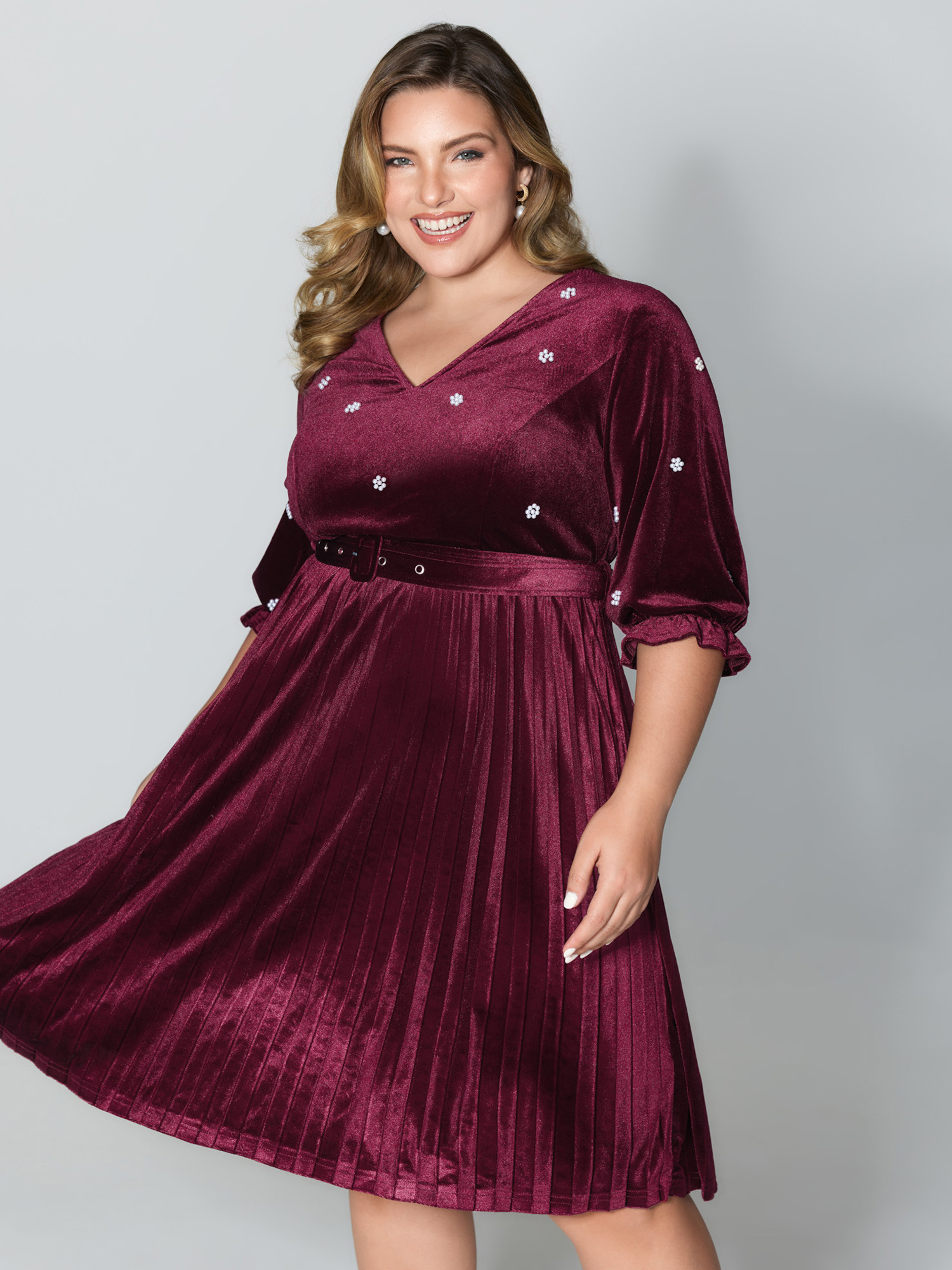 BloomChic Women's Plus Size Velvet Beads Pleated Skirt Midi Dress Burgundy Party 30/6X-image-47538660671658