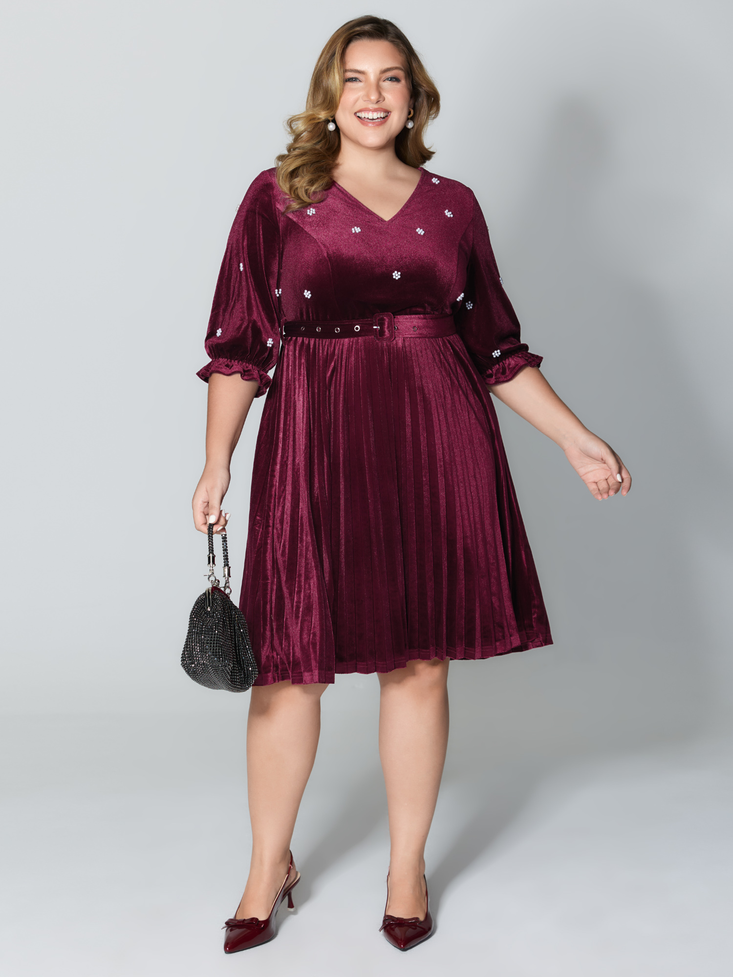 Side view of BloomChic Women's Plus Size Velvet Beads Pleated Skirt Midi Dress Burgundy Party 12/L