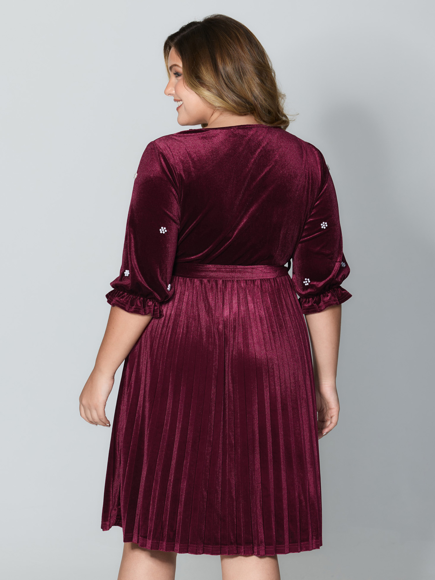 Side view of BloomChic Women's Plus Size Velvet Beads Pleated Skirt Midi Dress Burgundy Party 12/L