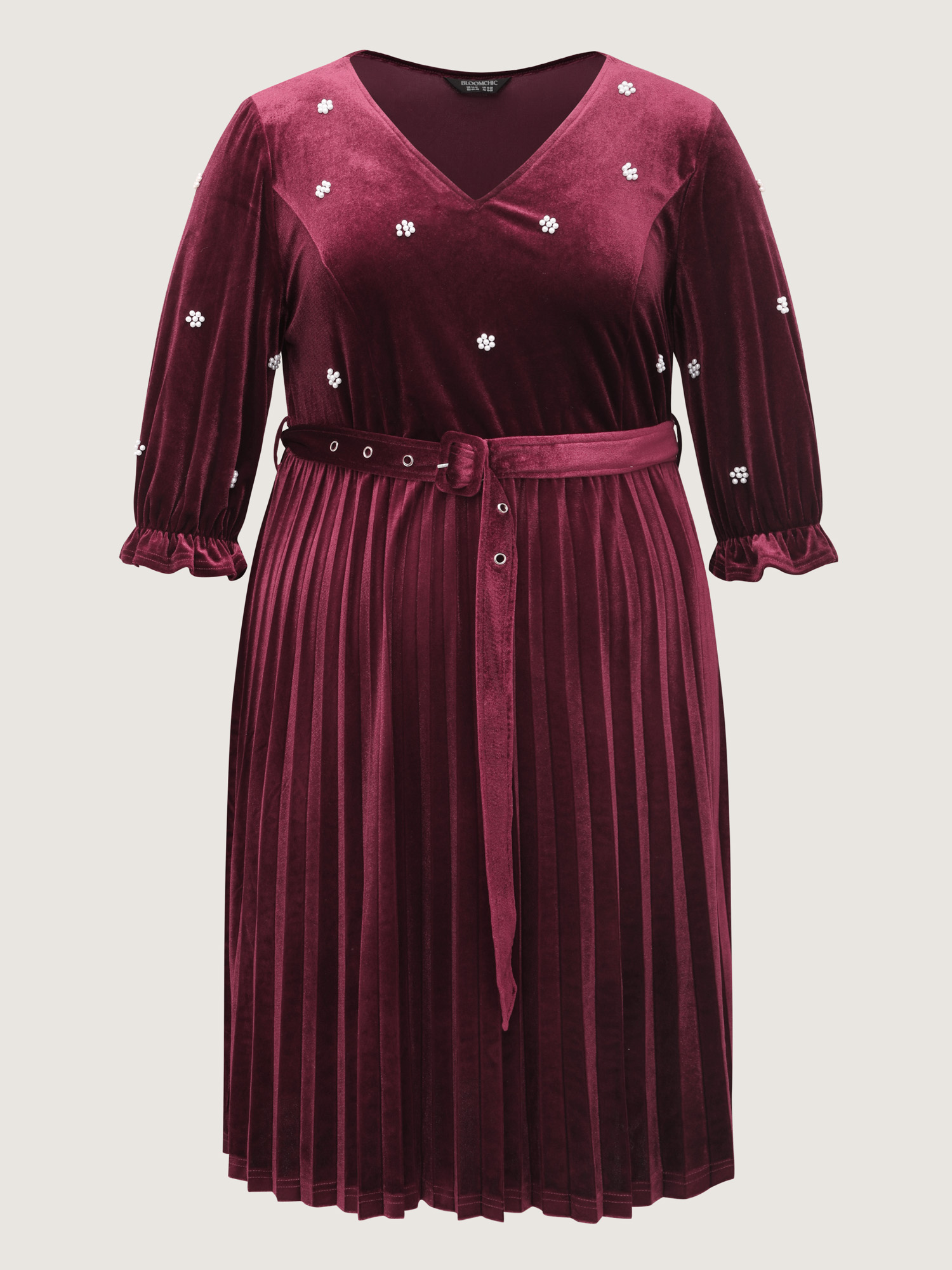 Side view of BloomChic Women's Plus Size Velvet Beads Pleated Skirt Midi Dress Burgundy Party 12/L