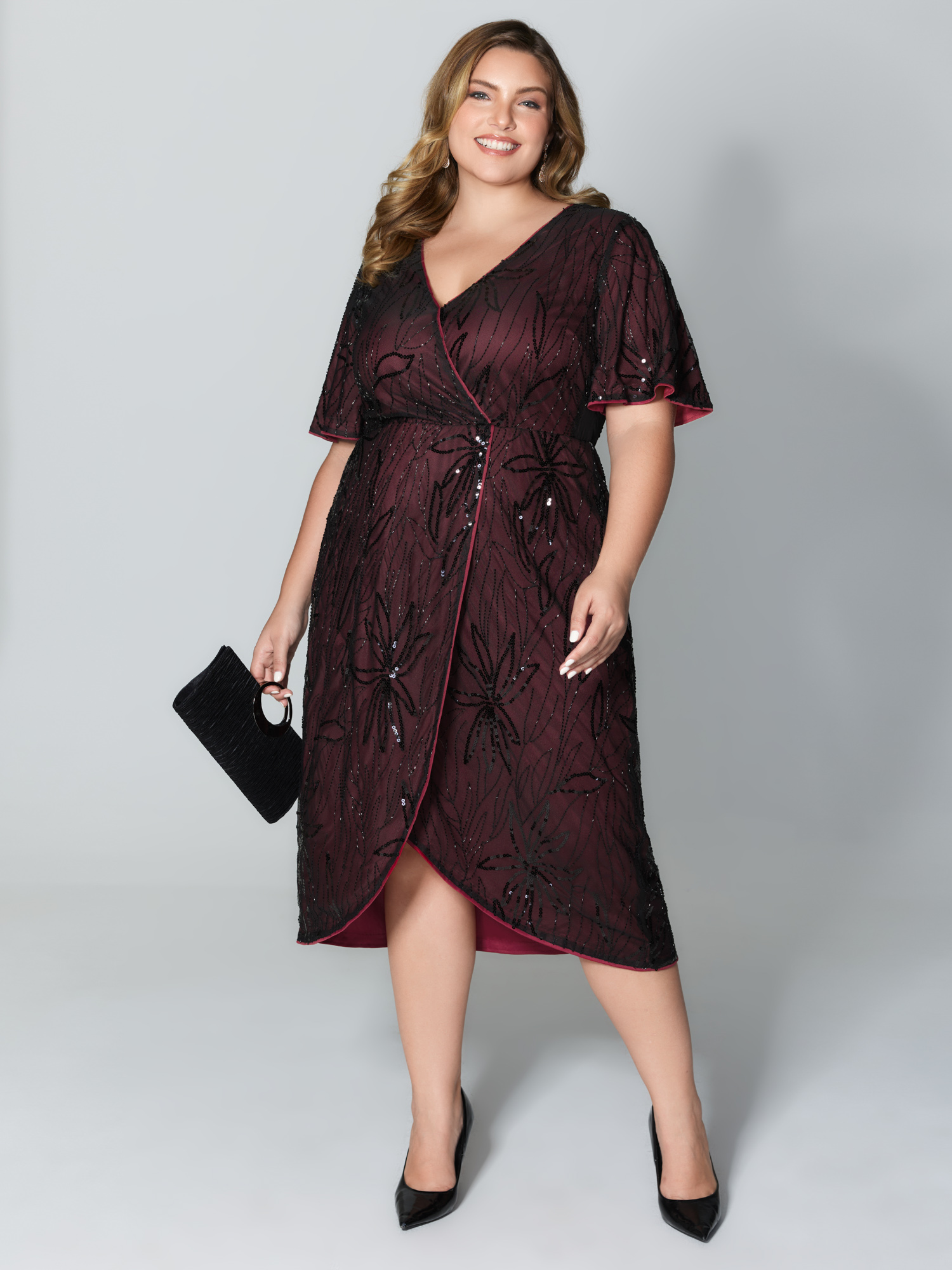 BloomChic Women's Plus Size Shimmery Sequin Embroidery Pockets Party Dress Burgundy Party Midi 10/M-image-47538662244522