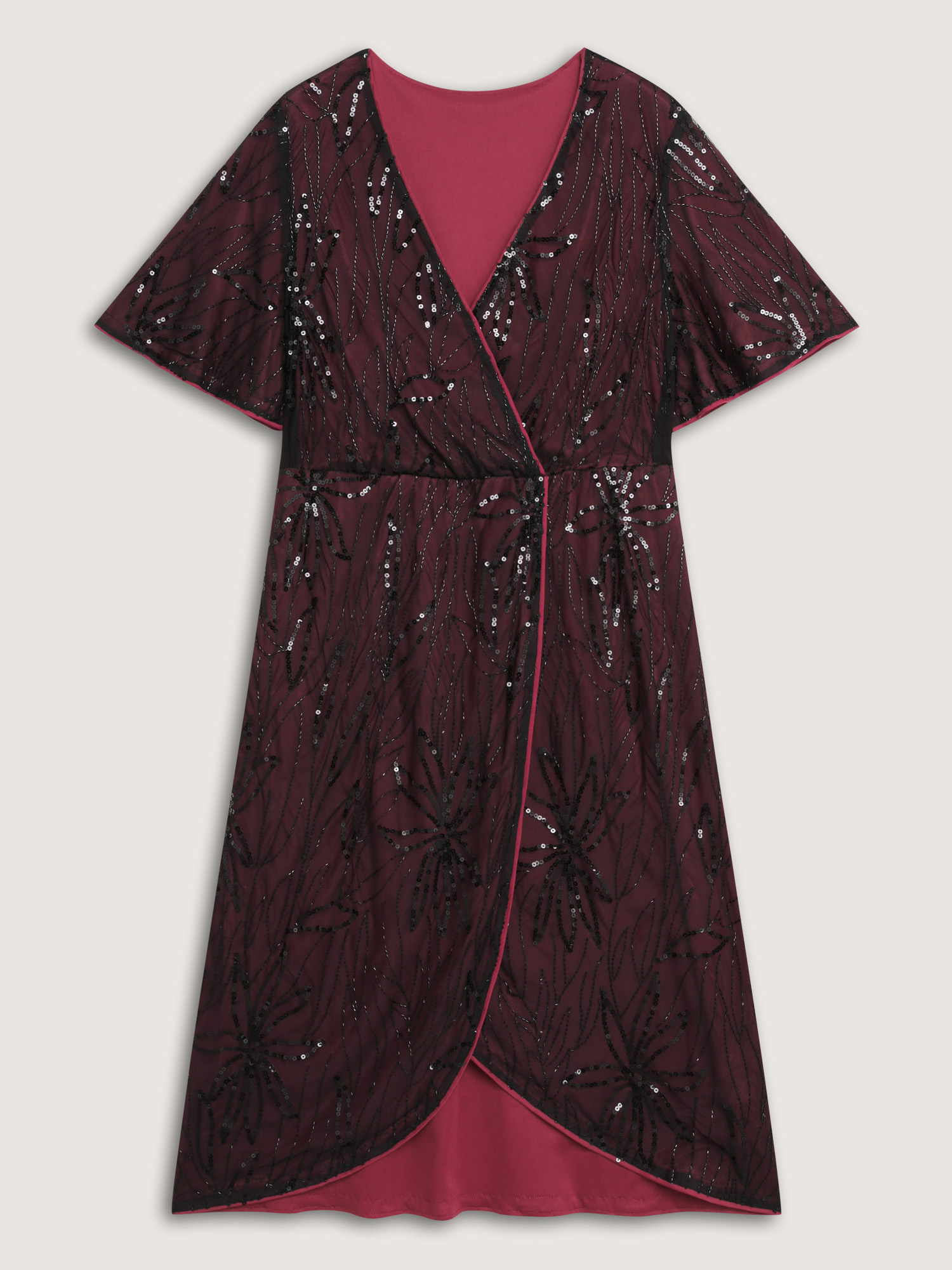Side view of BloomChic Women's Plus Size Shimmery Sequin Embroidery Pockets Party Dress Burgundy Party Midi 22-24/3X