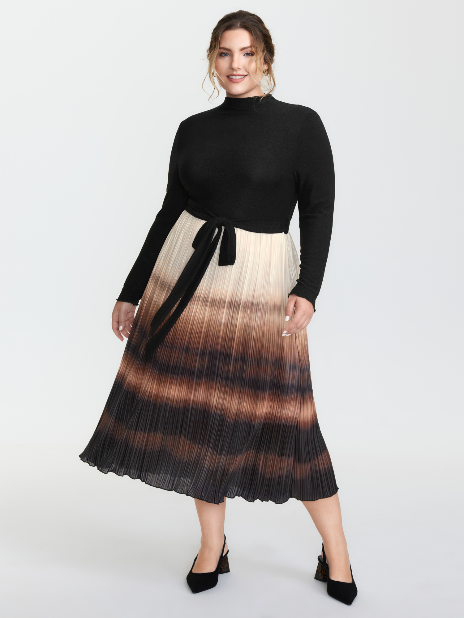 BloomChic Women's Plus Size Stretchy Slit Sleeve Waist-Tie Maxi Dress BlackFlower Ombre Midi Everyday-Elegant 14-16/1X