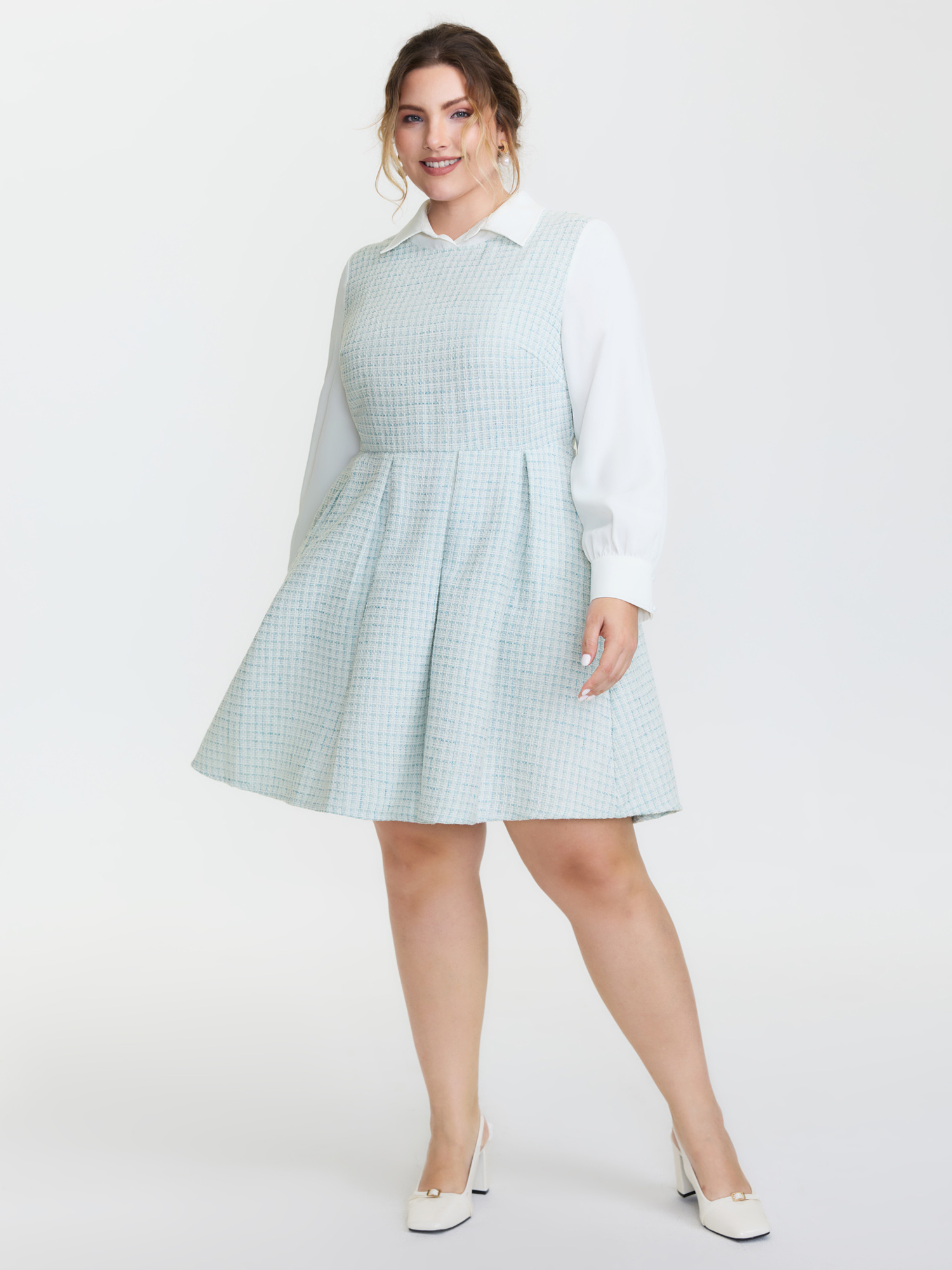 BloomChic Women's Plus Size Tweed Colorblock Pleated Midi Dress LightBlue Plaid Knee Everyday-Elegant 10/M