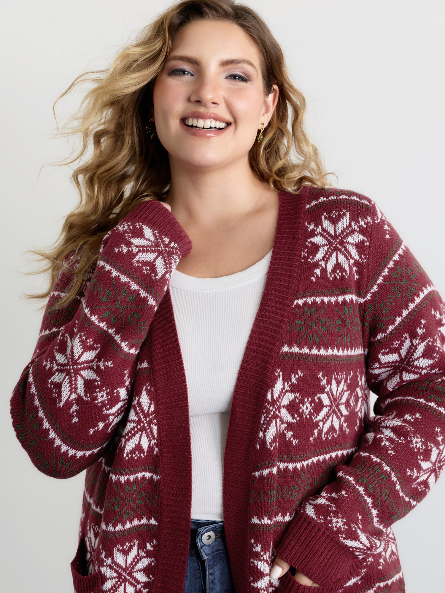 BloomChic Women's Plus Size Holiday Curvy Hem Ribbed Knit Cardigan Scarlet Long Sleeve V-Neck 10/M