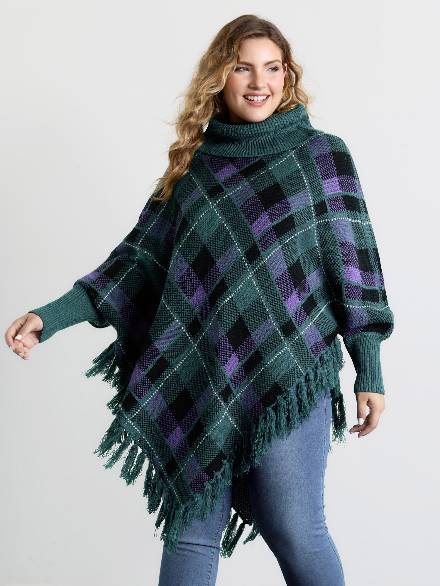 BloomChic Women's Plus Size Holiday Plaid Turtleneck Fringe Hem Pullover DarkSlateGray not graphics Long Sleeve Funnel Neck 10/M