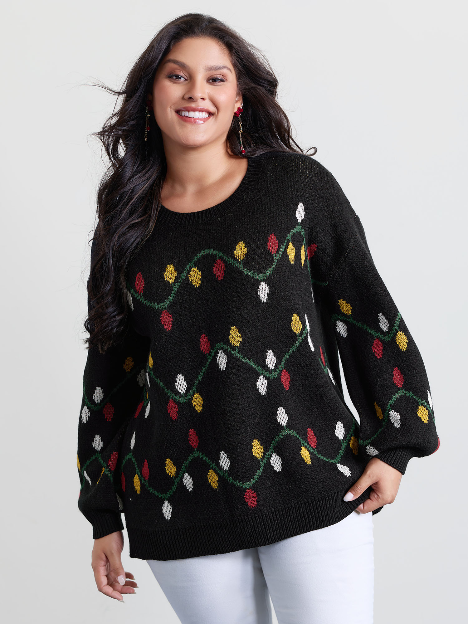 BloomChic Women's Plus Size Holiday Lights Micro Lantern Sleeve Pullover Black Christmas Long Sleeve 10/M