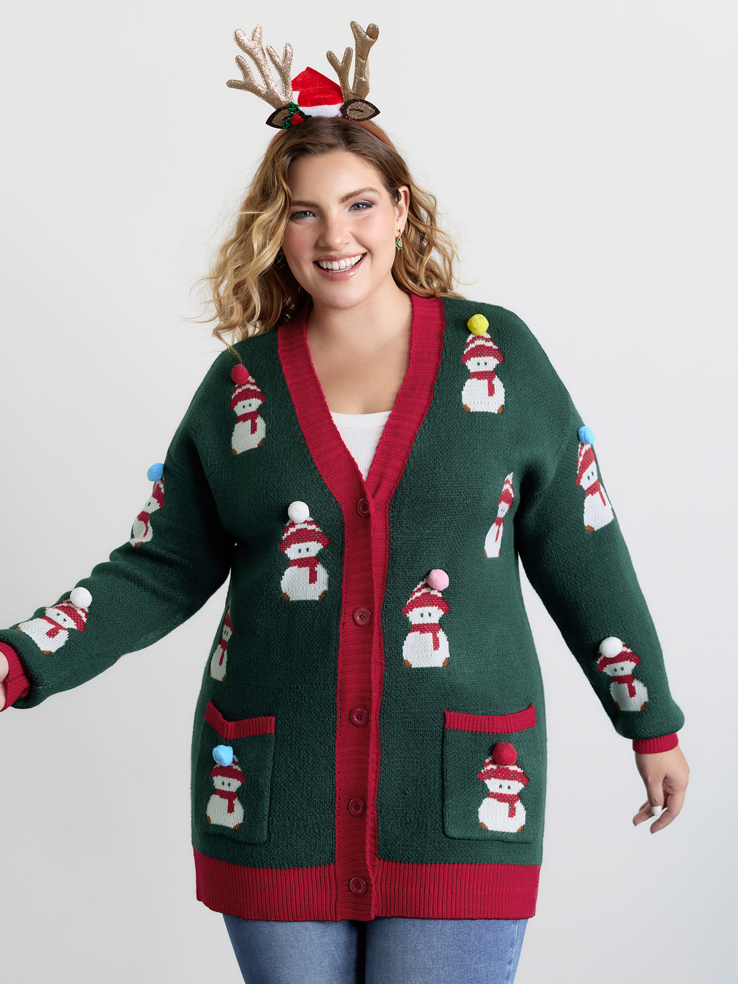BloomChic Women's Plus Size 3D Snowman Jacquard Placket Knit Cardigan DarkGreen Long Sleeve 10/M