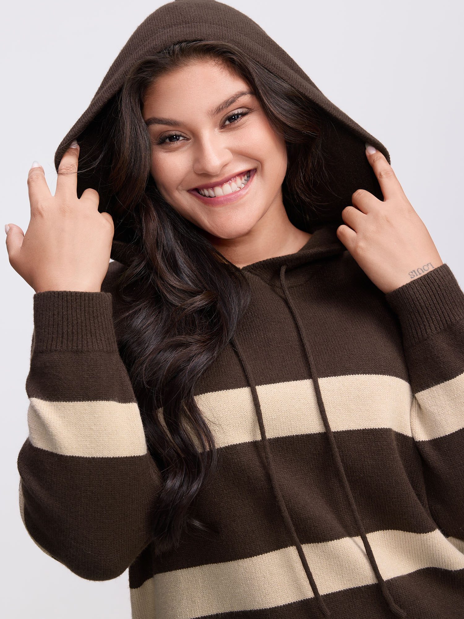 BloomChic Plus Size Supersoft Stripe Slit Hooded Pullover - Curve Women's Winter H-line Colorblock DarkBrown Drop shoulder sleeve Pullovers 14/M