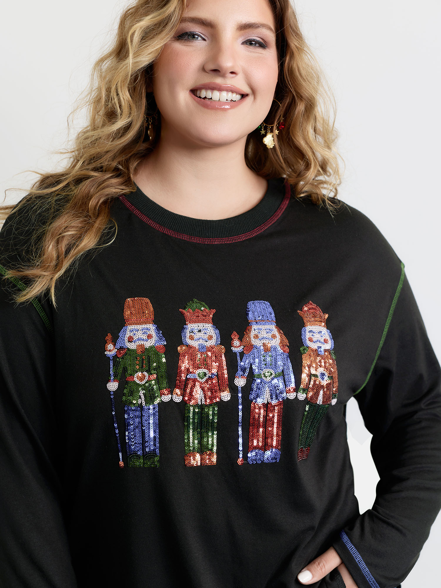 BloomChic Women's Plus Size Holiday Nutcracker Supersoft Embroidered T-Shirt Black Christmas Everyday-Casual Long Sleeve Round Neck 10/M