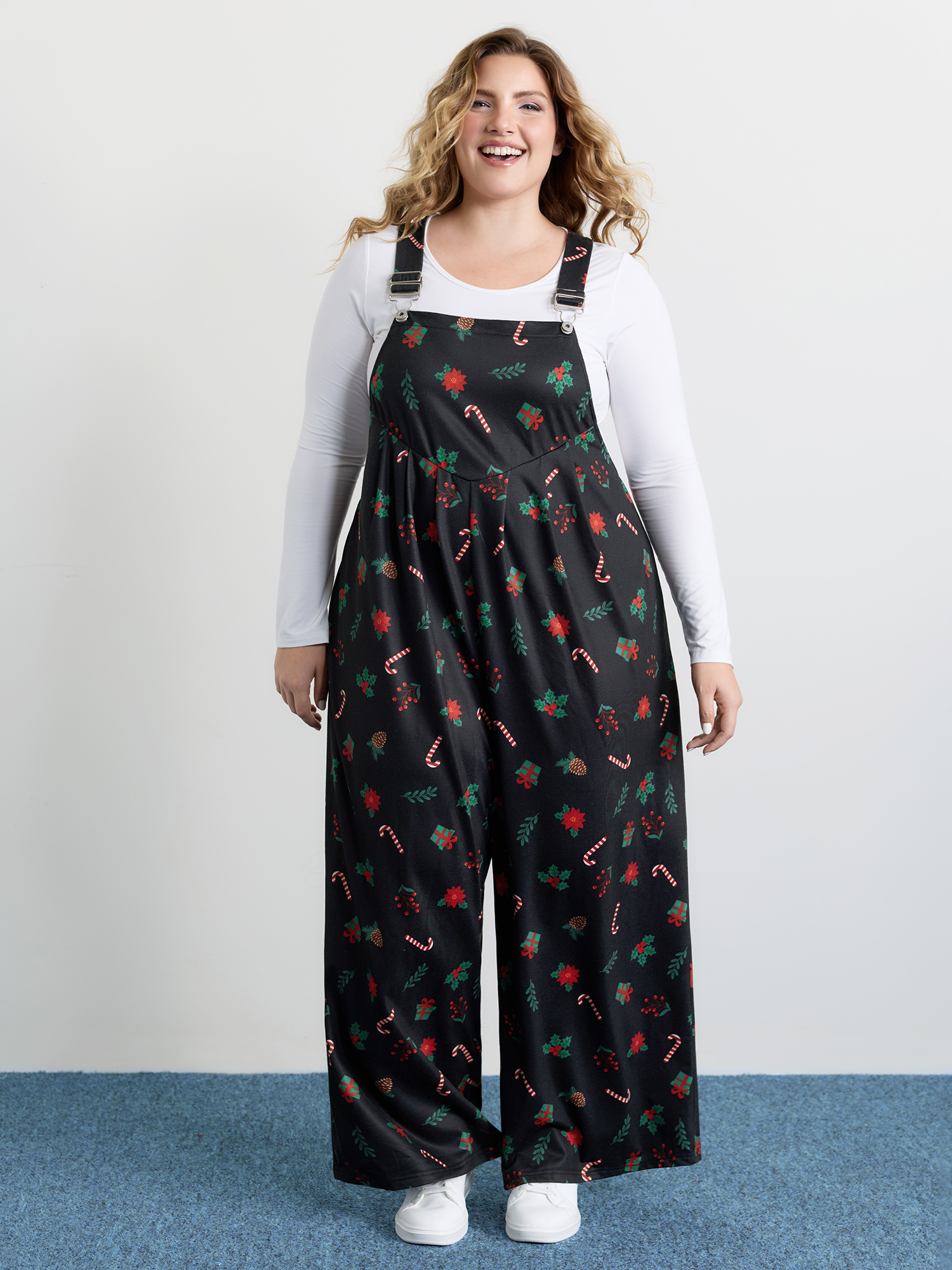 BloomChic Women's Plus Size Holiday Candy Stretchy Overall Jumpsuit Black Everyday-Casual Fitted 10/M