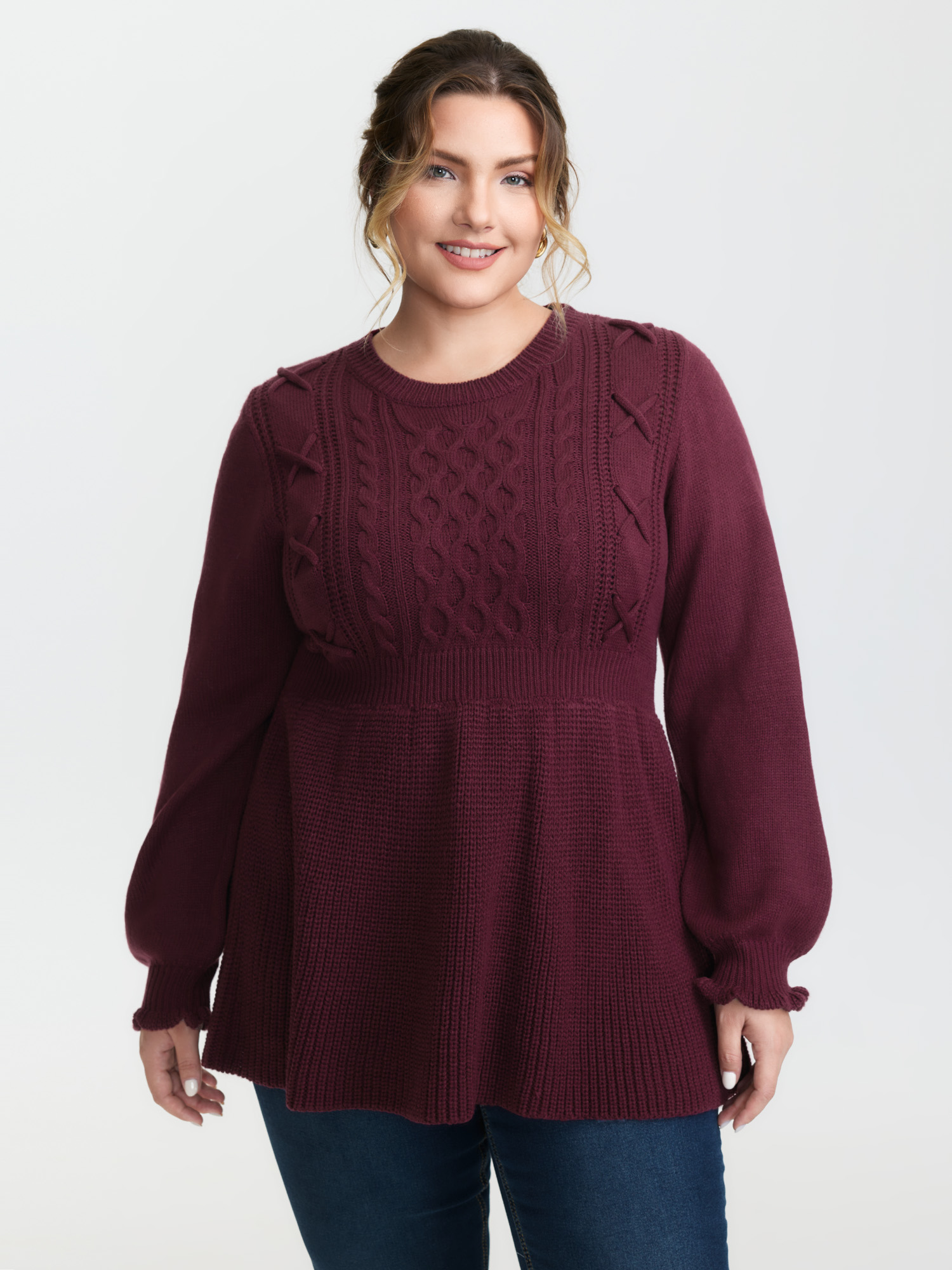 BloomChic Women's Plus Size Textured Ruffled Lantern Sleeve Pullover Grape Wine not graphics Long Sleeve Round Neck 10/M