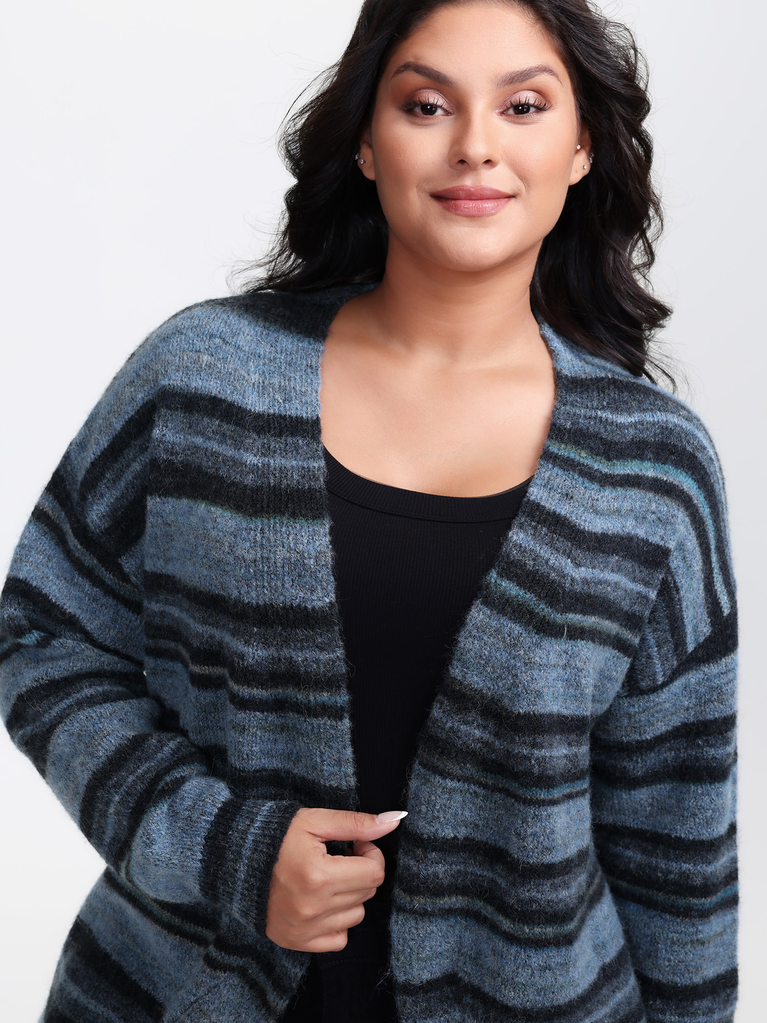 BloomChic Women's Plus Size Wool Blend Curvy Hem Knit Cardigan LightBlue Long Sleeve 10/M