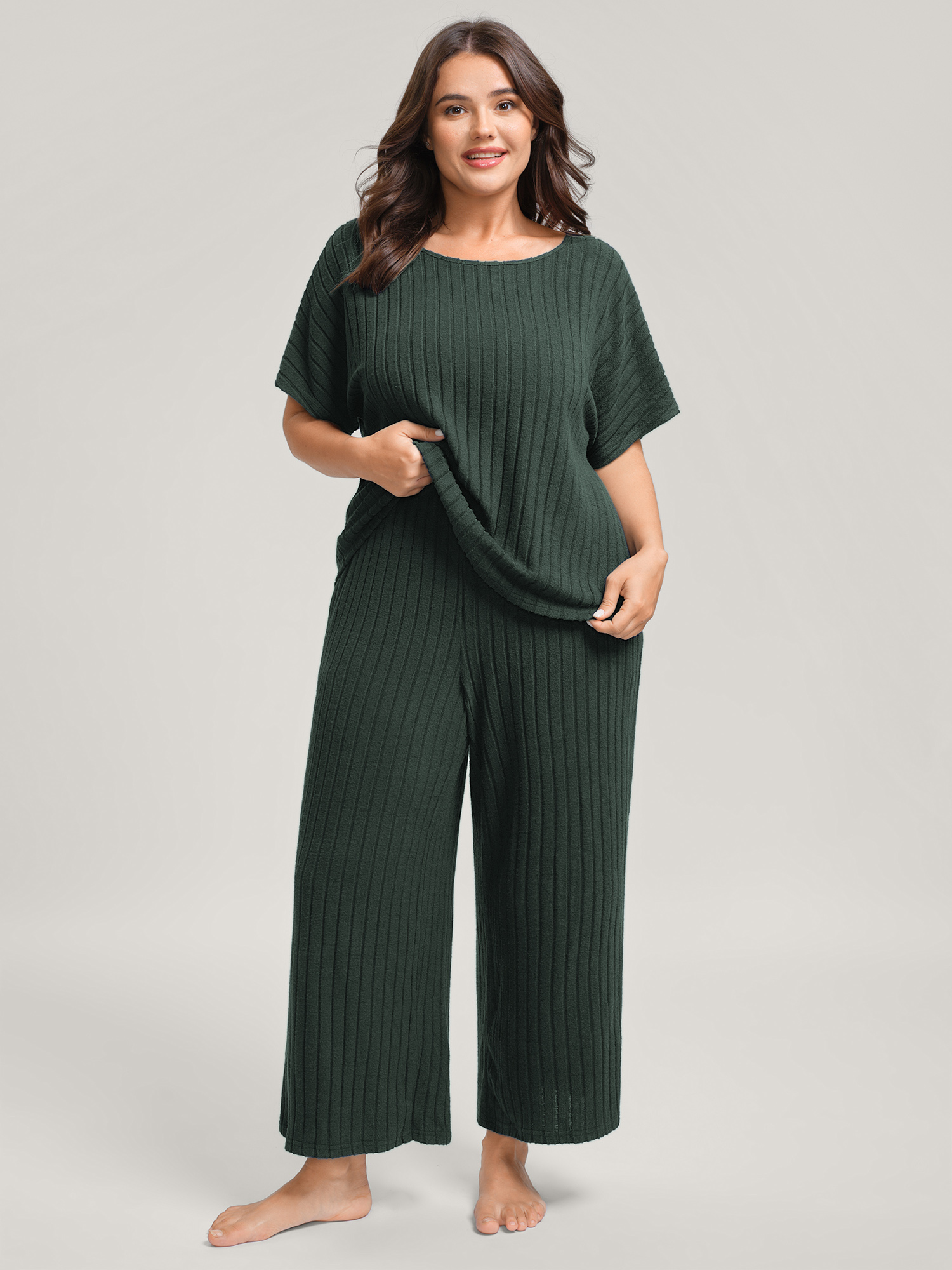 BloomChic Women's Plus Size Stretchy Pit Strip Solid Loungewear Set DarkSlateGray Solid Short sleeve Non 18-20/2X-image-48075057725610