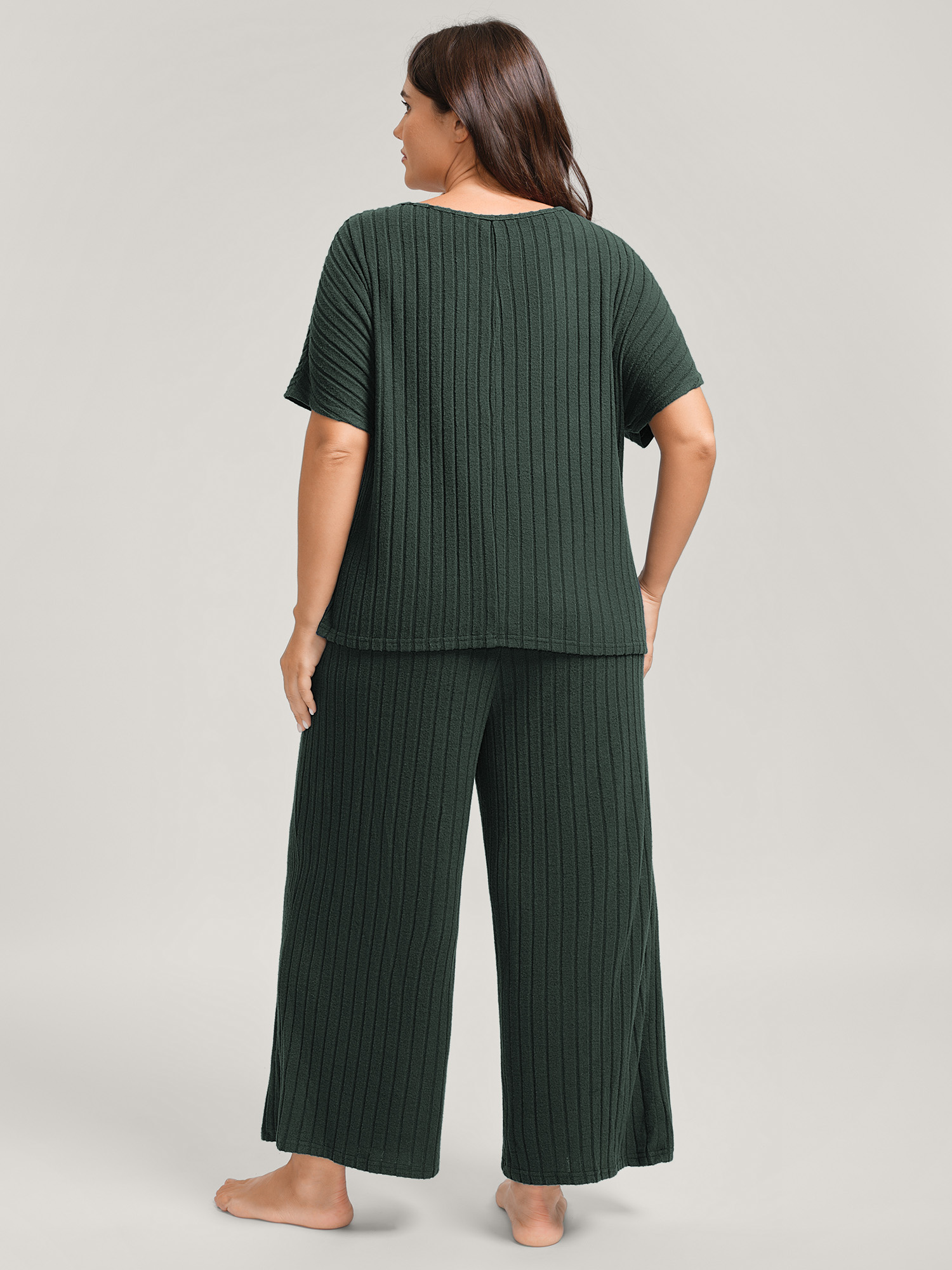 Side view of BloomChic Women's Plus Size Stretchy Pit Strip Solid Loungewear Set DarkSlateGray Solid Short sleeve Non 12/L
