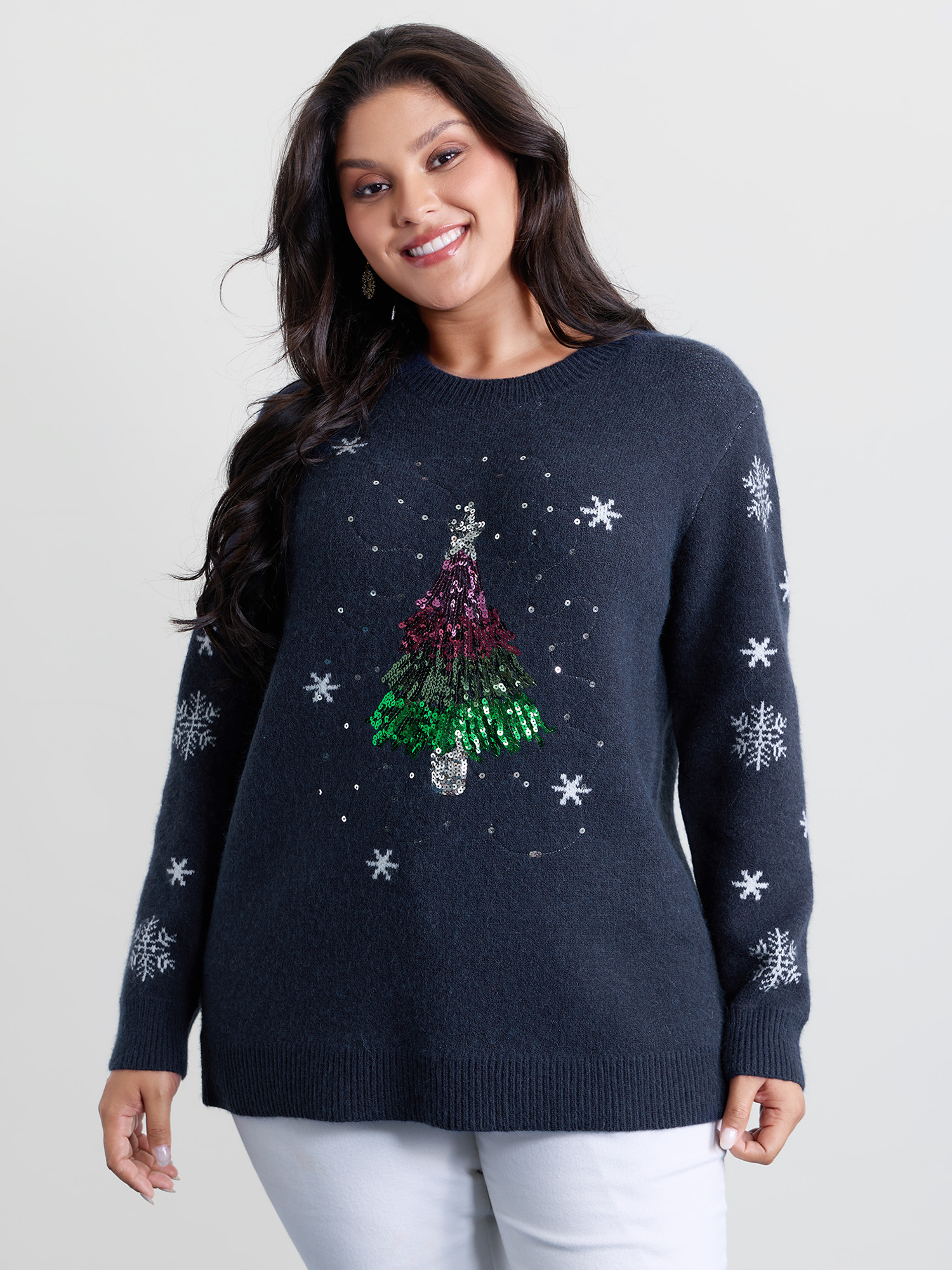 BloomChic Women's Plus Size Stretchy Holiday Tree Sequin Embroidery Pullover Aegean Graphic-Christmas Long Sleeve Round Neck 10/M