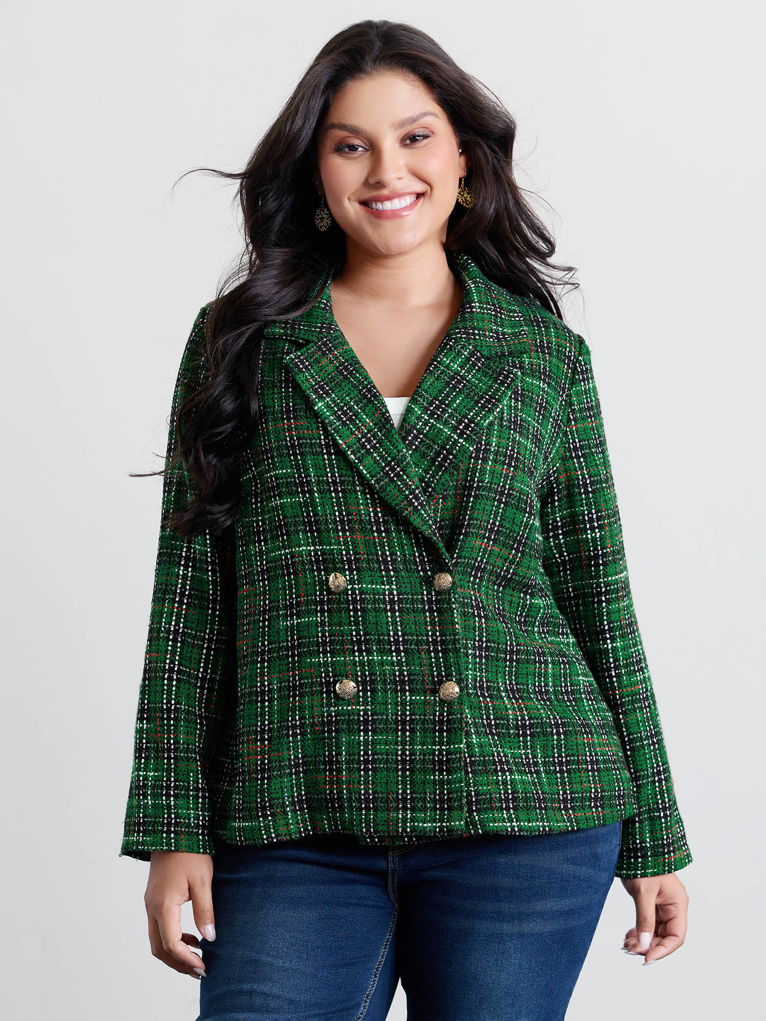 BloomChic Women's Plus Size Tweed Plaid Double Button Blazer Truegreen Texture Sleeve Extra Long Sleeve 12/L-image-47543370350762